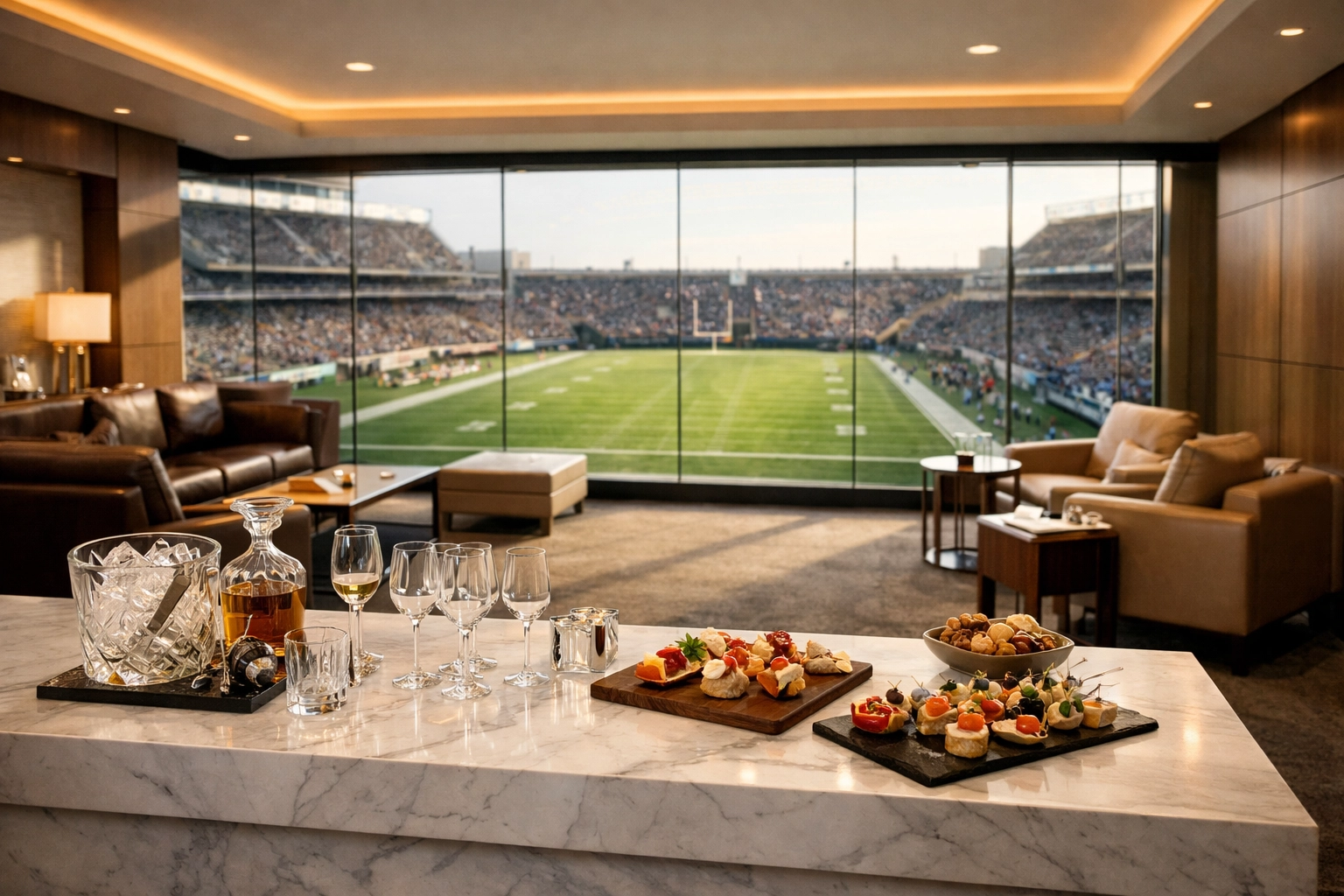 Opulent stadium hospitality suite overlooking the football field for premium corporate brand hosting.