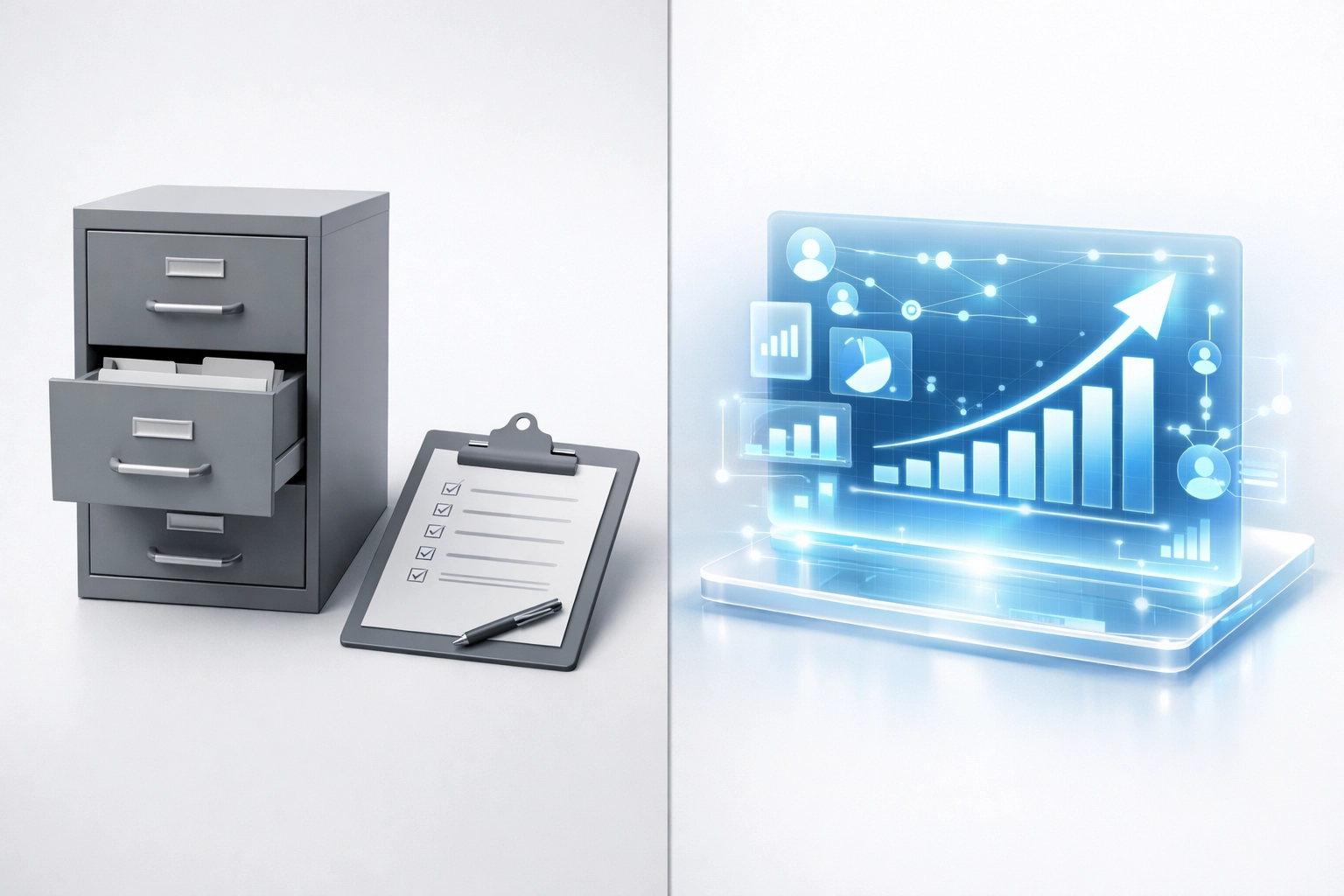 Traditional janitorial operations compared to modern authority-building software dashboard