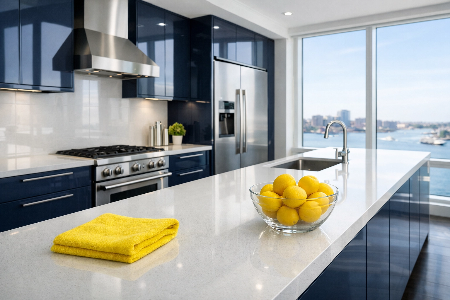 Seaport deep cleaning of a luxury high-rise kitchen with white quartz countertops and harbor views.
