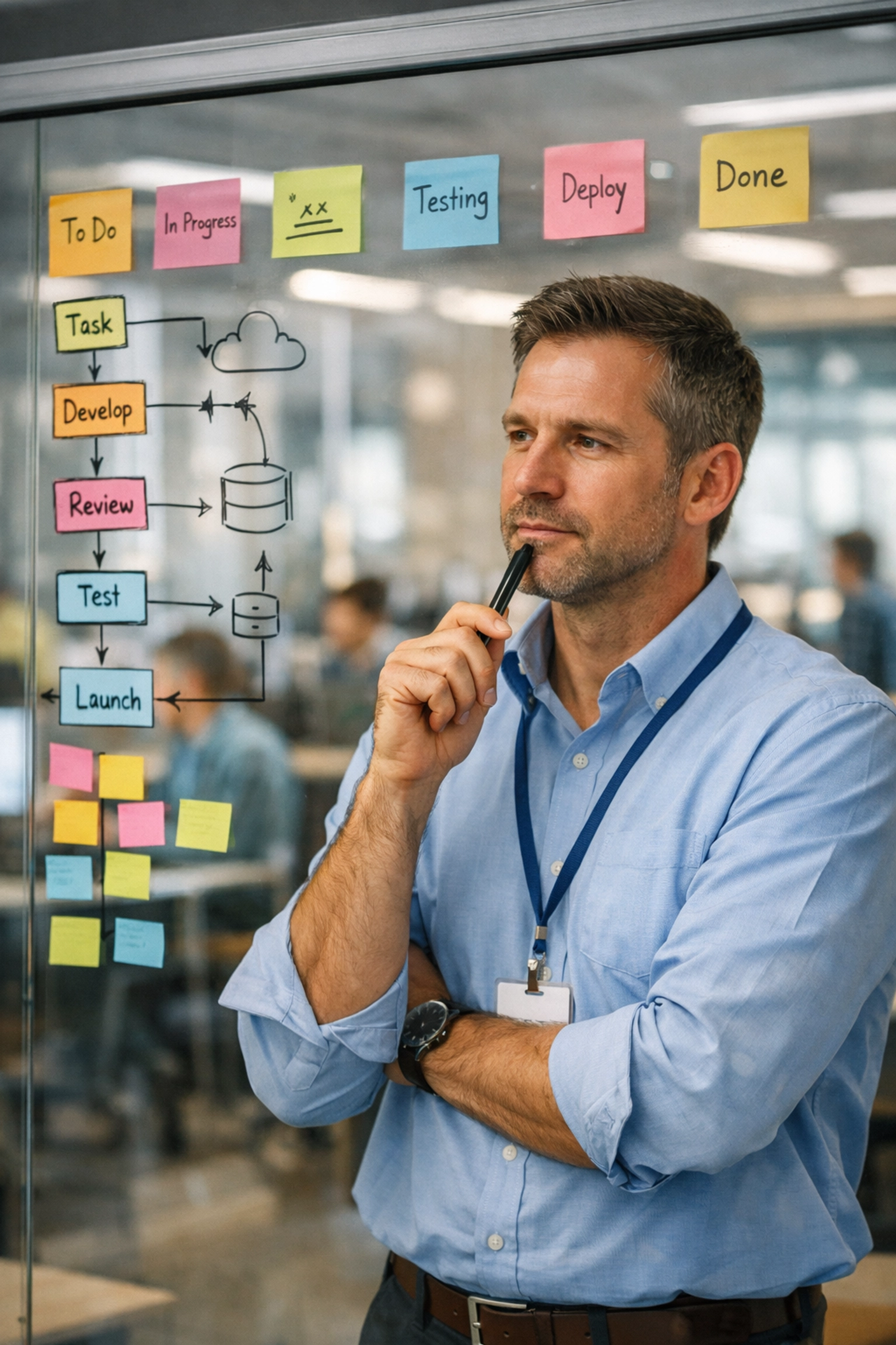IT Project Manager planning optimized ServiceNow workflows and KPIs on a glass board in a modern office.