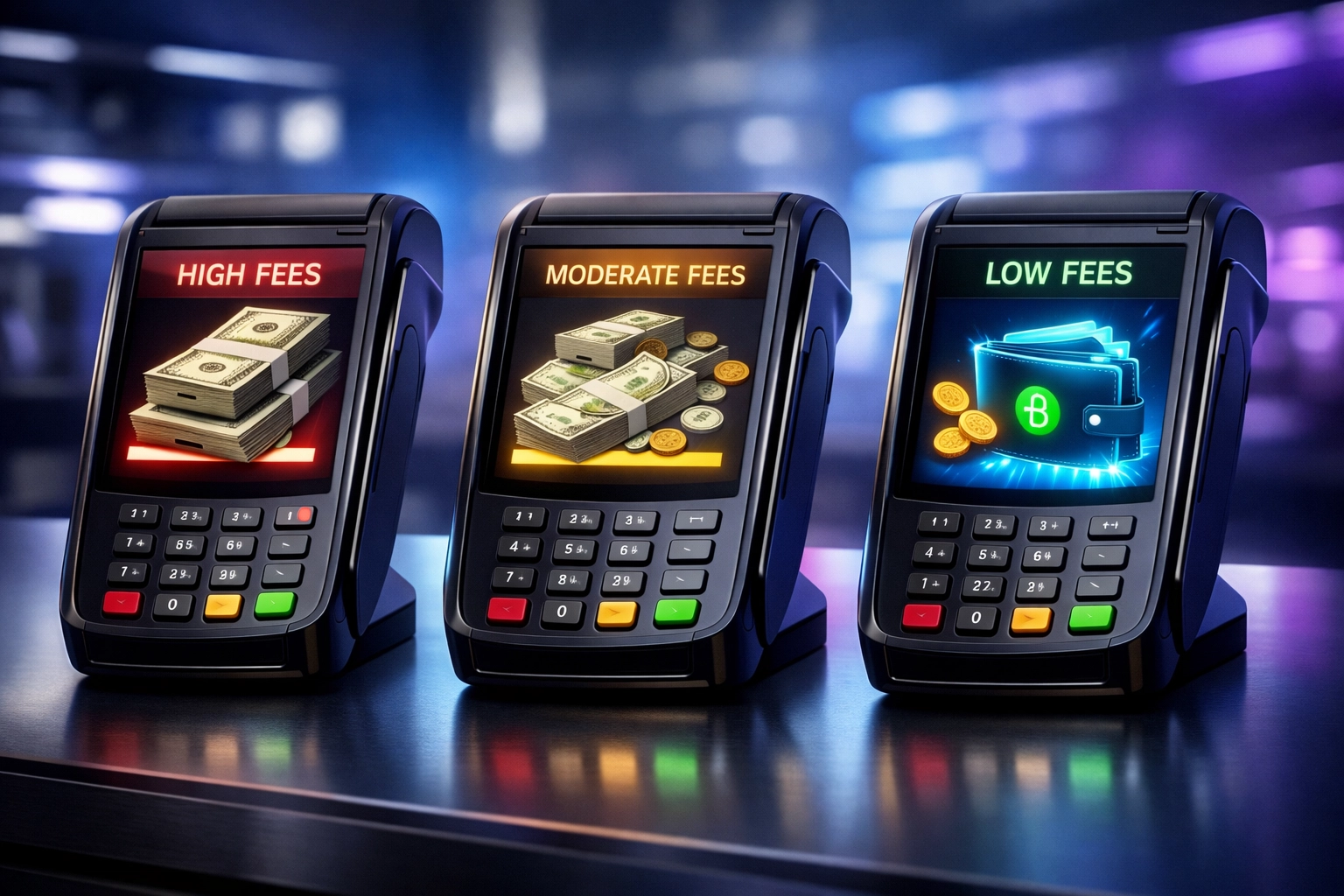 Crypto payment terminals comparing NOWPayments, CoinPayments, and Larecoin fee structures side by side