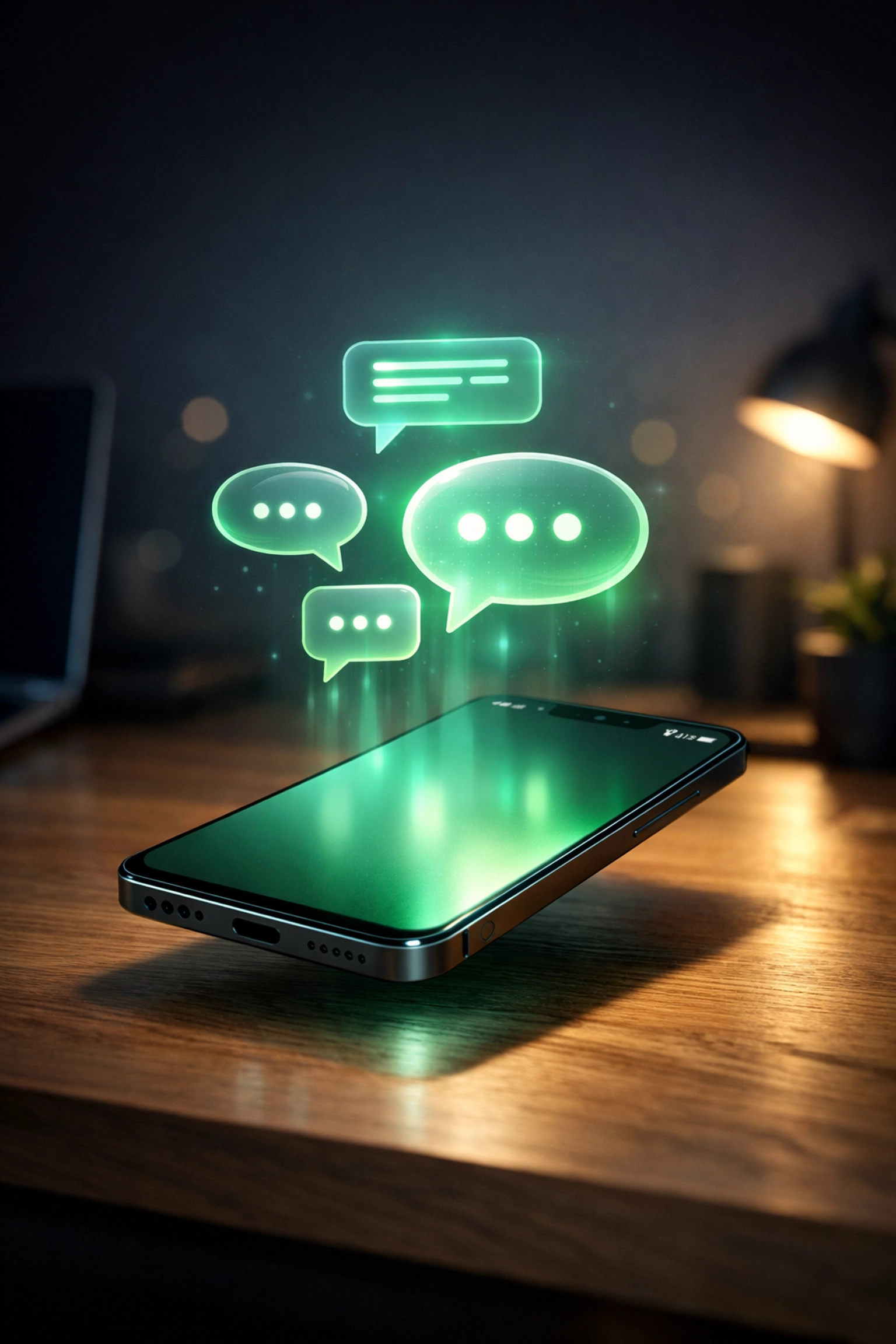 Smartphone showing glowing chat bubbles to illustrate 24/7 automated support with an AI agent on WhatsApp.