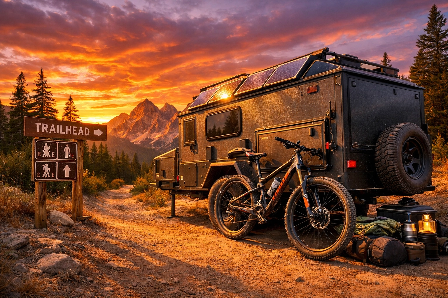 Off-road travel trailer parked at mountain bike trailhead with solar panels at sunset