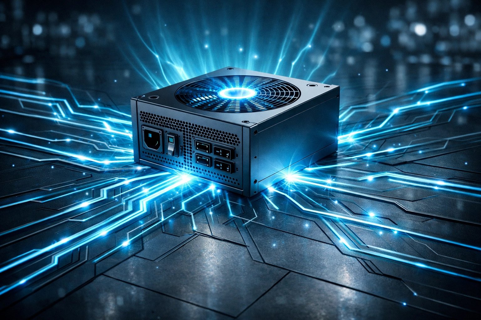 Glowing PC power supply unit with energy lines, representing reliable computer repair in Mechanicsville VA.