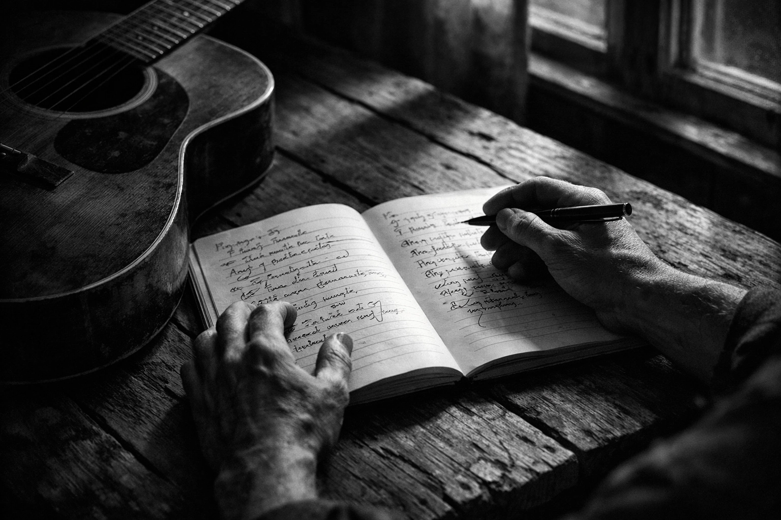 Songwriter's hands writing lyrics and chord progressions in notebook with acoustic guitar