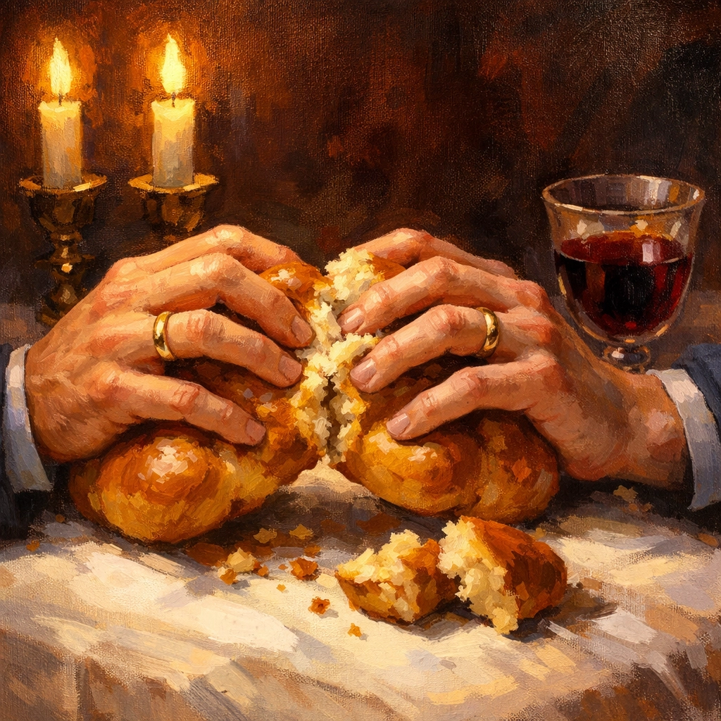 Two men breaking challah bread together at Shabbat dinner, gay Jewish tradition