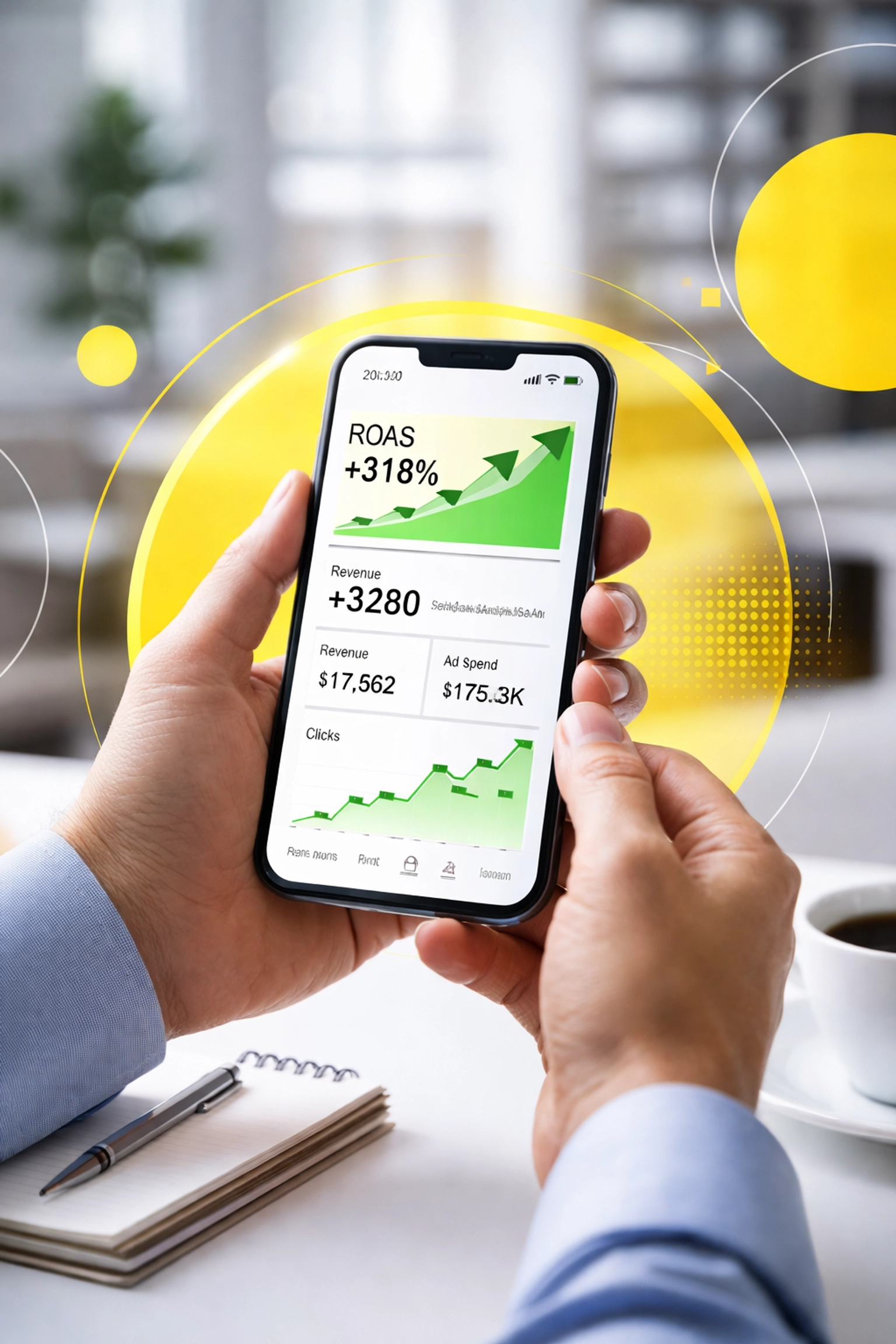 Hands holding smartphone with positive Amazon ROAS analytics, highlighting real-time ad campaign growth
