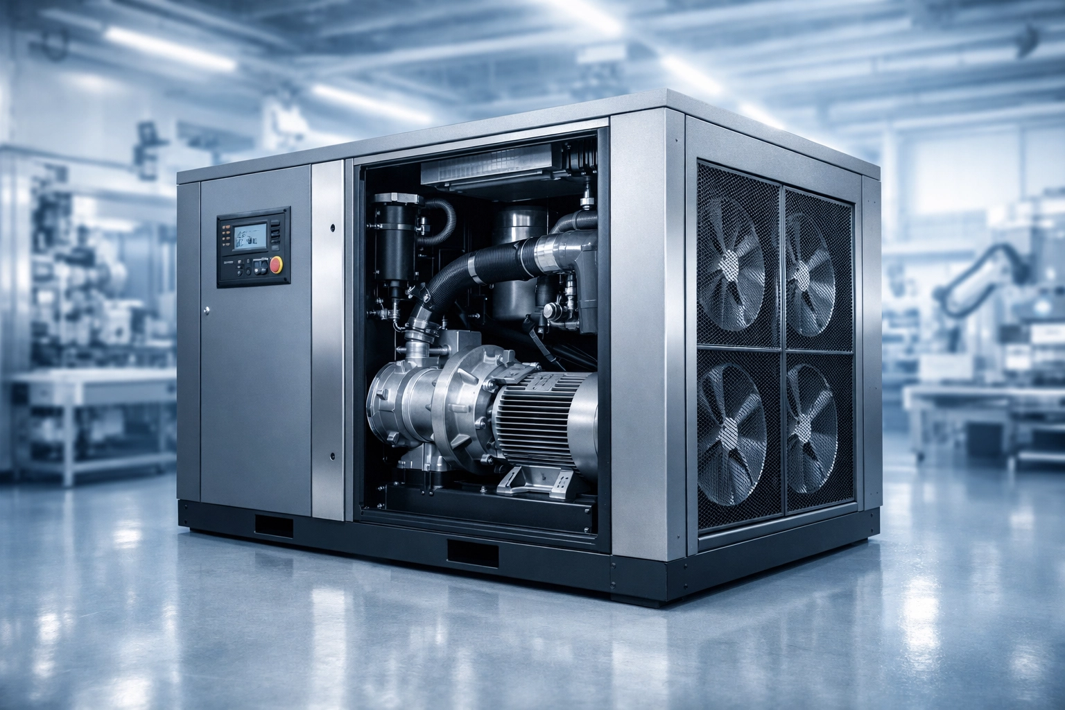 Industrial PMV screw air compressor optimized for energy efficiency in Saudi Arabian manufacturing and laser cutting.