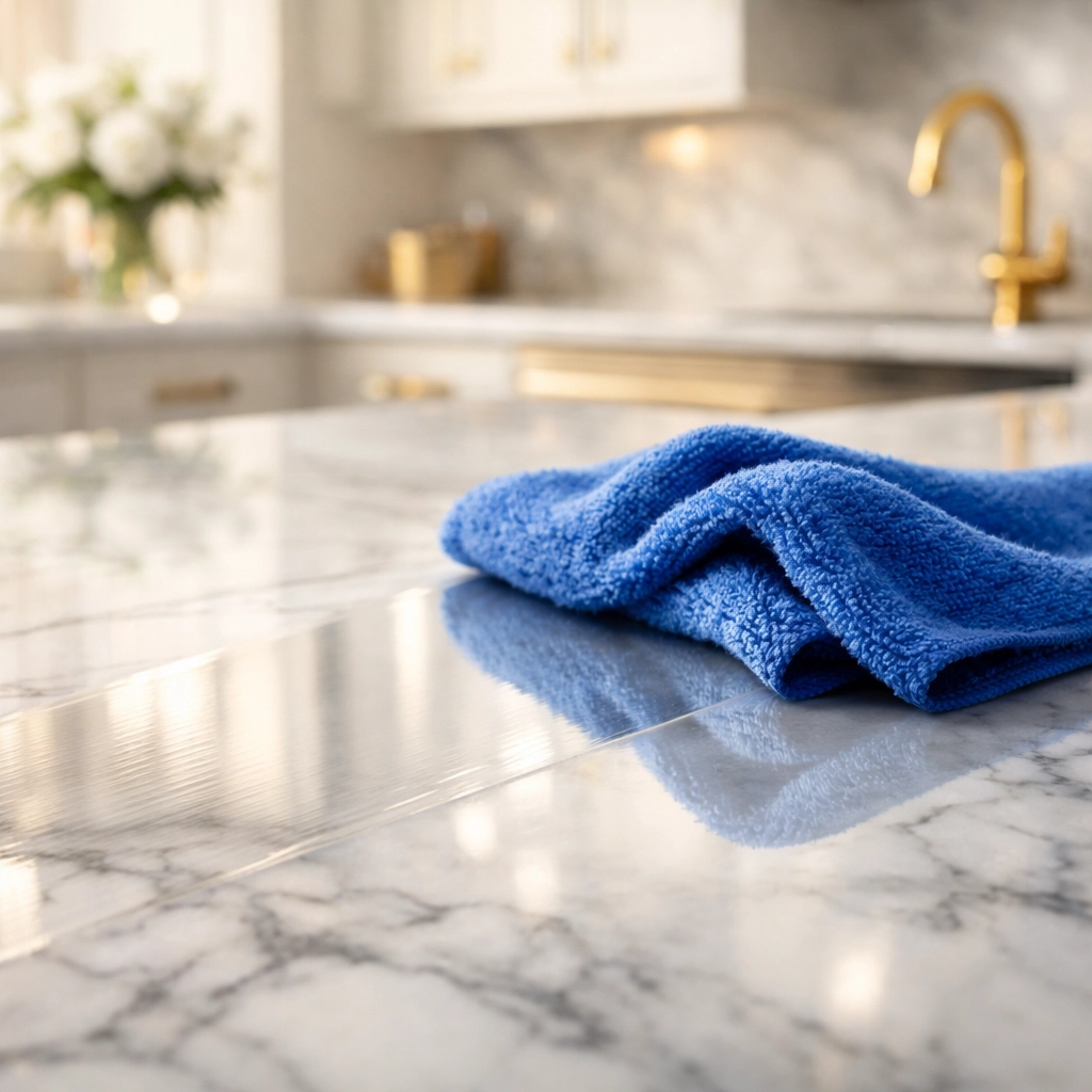 Microfiber cloth cleaning a luxury marble kitchen island in a Hopkinton home, preventing scratches.