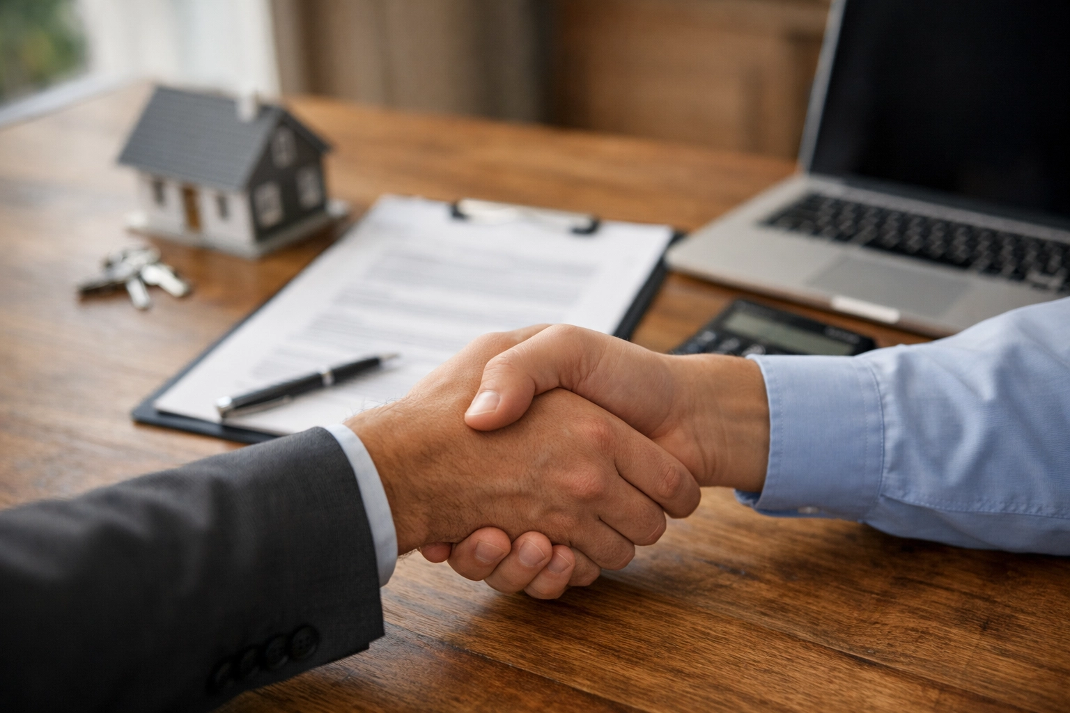 Real estate negotiation handshake over home purchase documents and paperwork