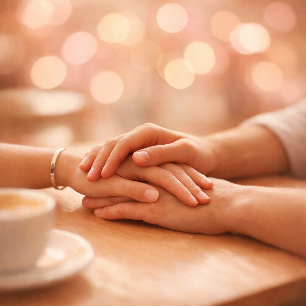 Two hands holding across café table showing emotional connection in healthy relationships