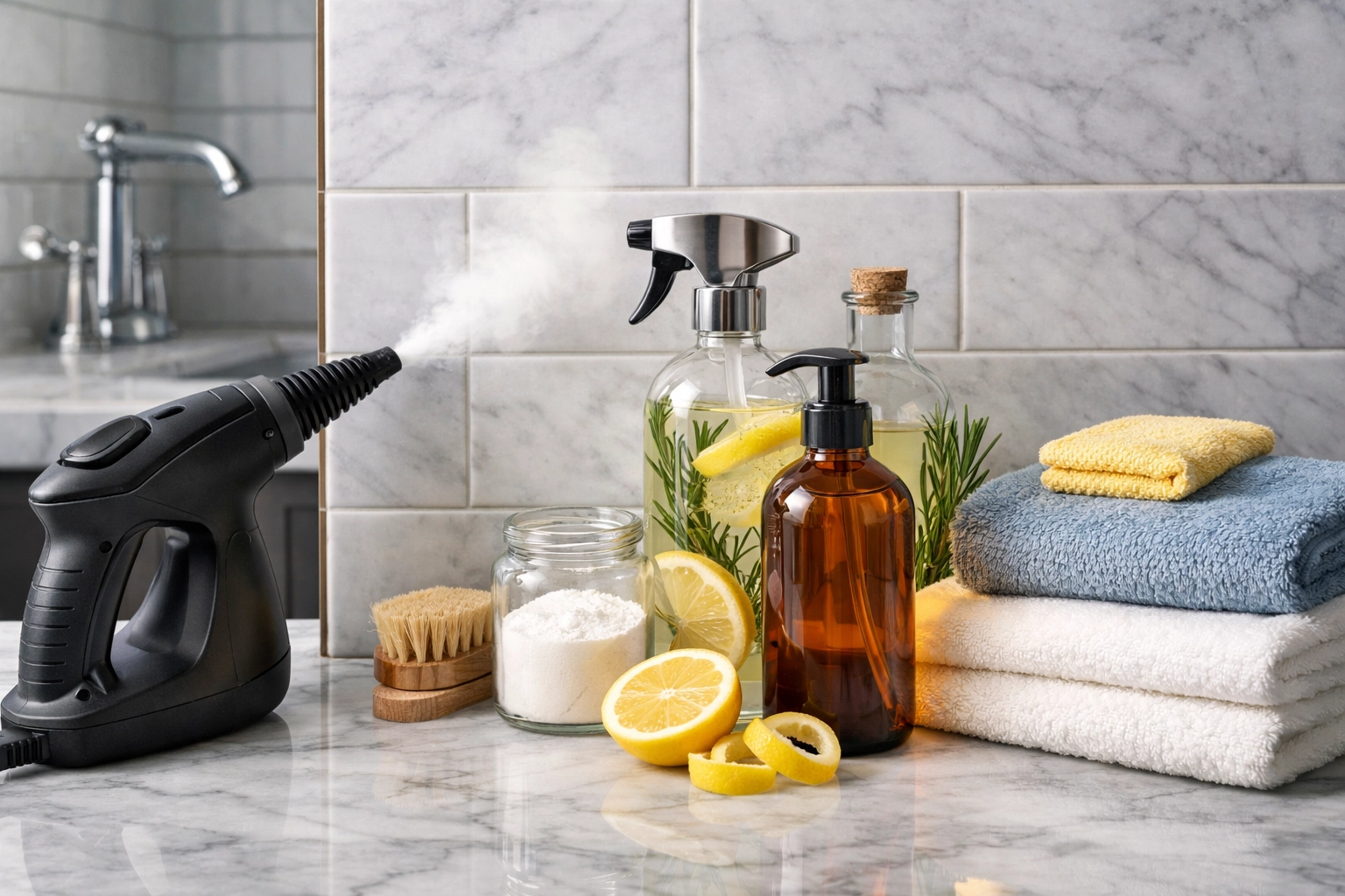 Botanical eco-friendly house cleaning Framingham MA supplies and steam tools in a luxury bathroom.