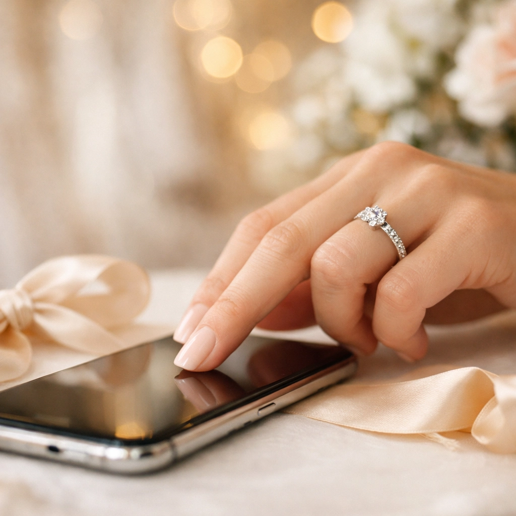 An engaged woman uses a smartphone app for digital wedding planning and secure guest response tracking.