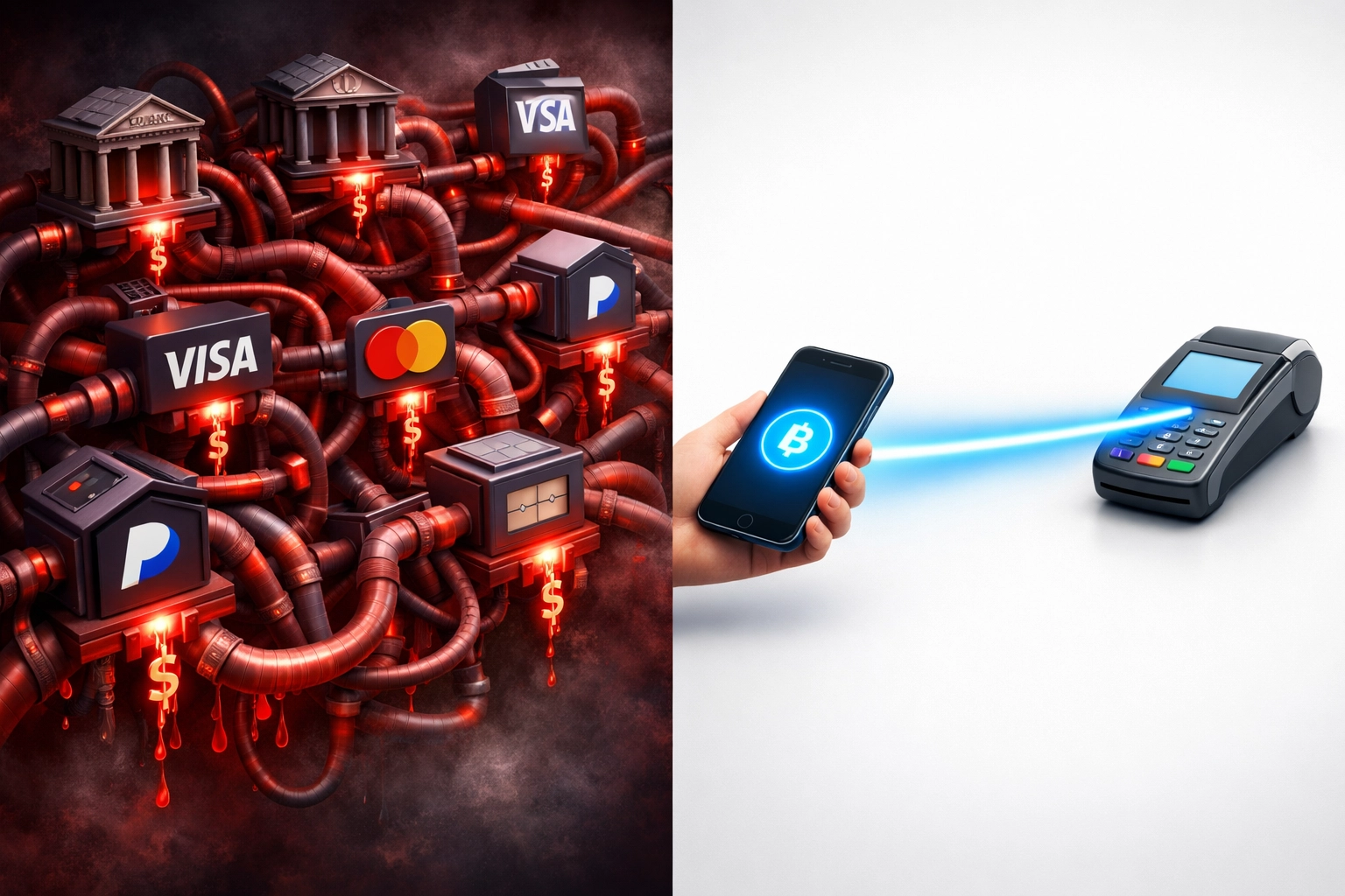 Traditional payment processing vs blockchain direct settlement comparison for merchant fee reduction