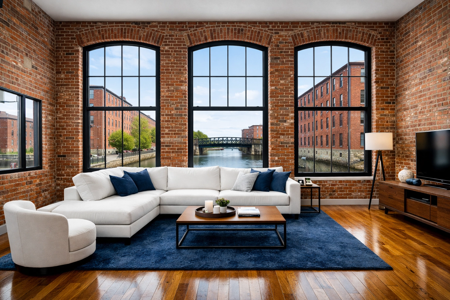 Spotless Lowell mill loft with brick walls maintained by professional maid services in Lowell.