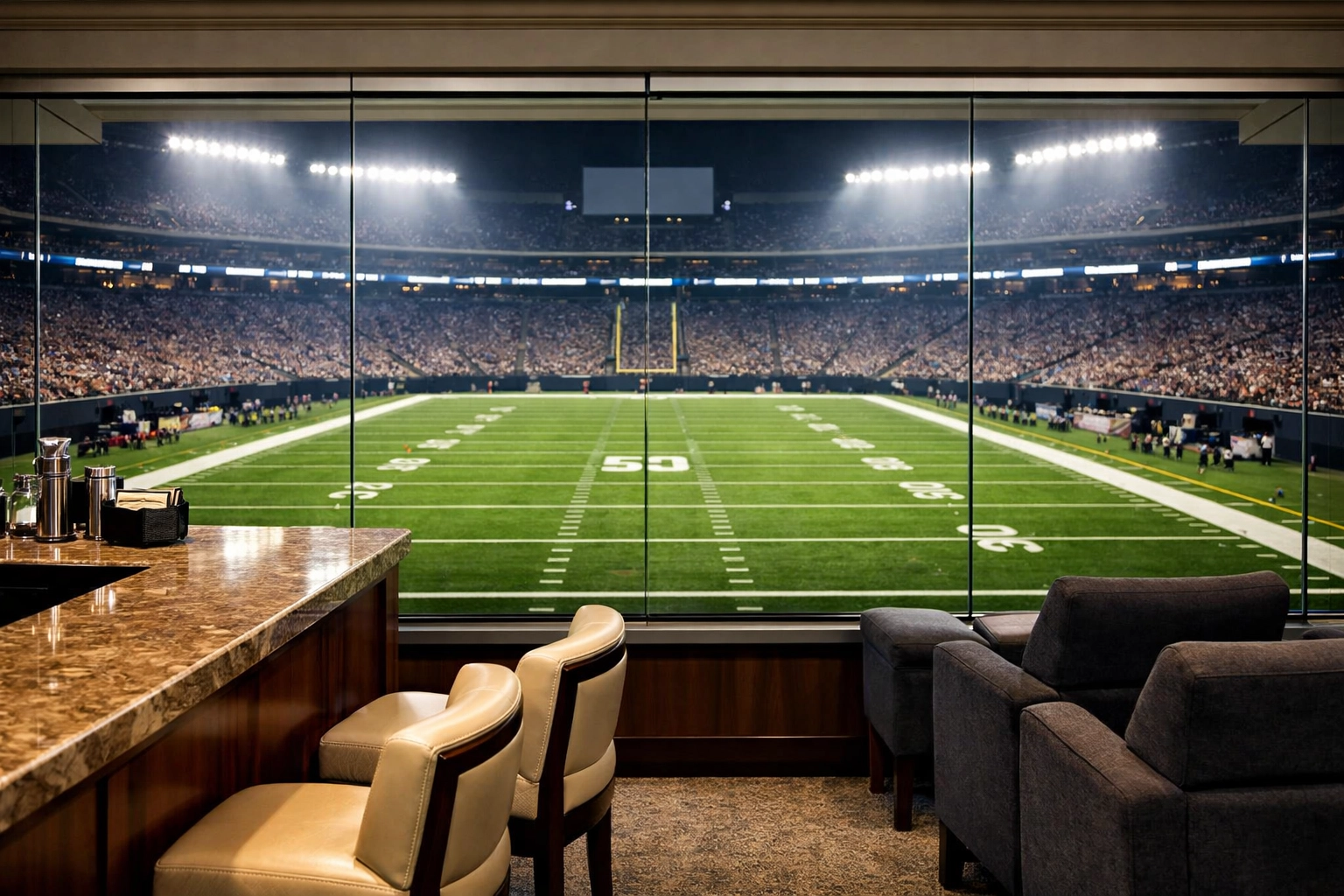 Luxury mid-field stadium suite with a mahogany bar for Super Bowl corporate executive hosting.