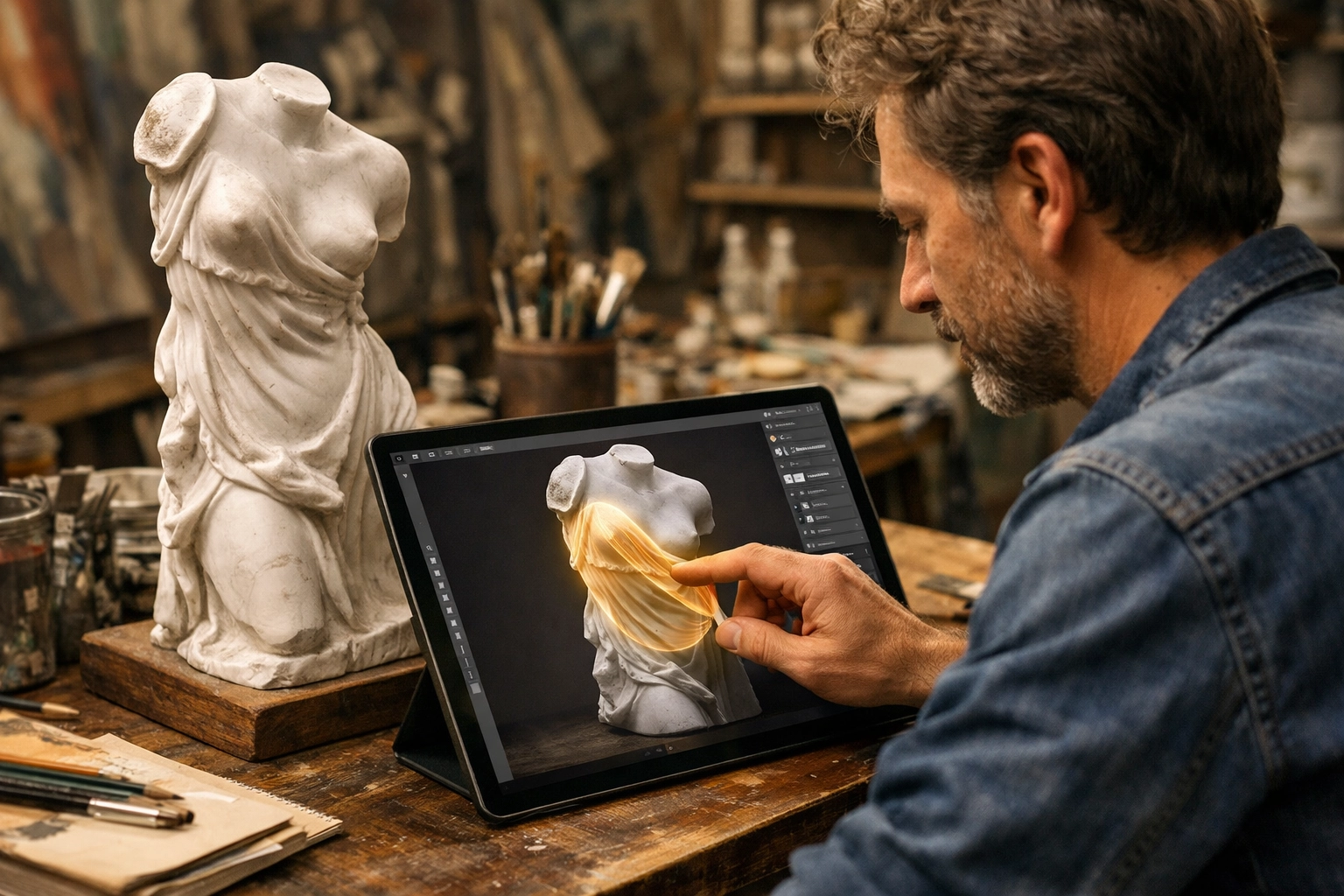 An artist in their studio using hybrid AI to create a permanent digital layer for a physical sculpture.