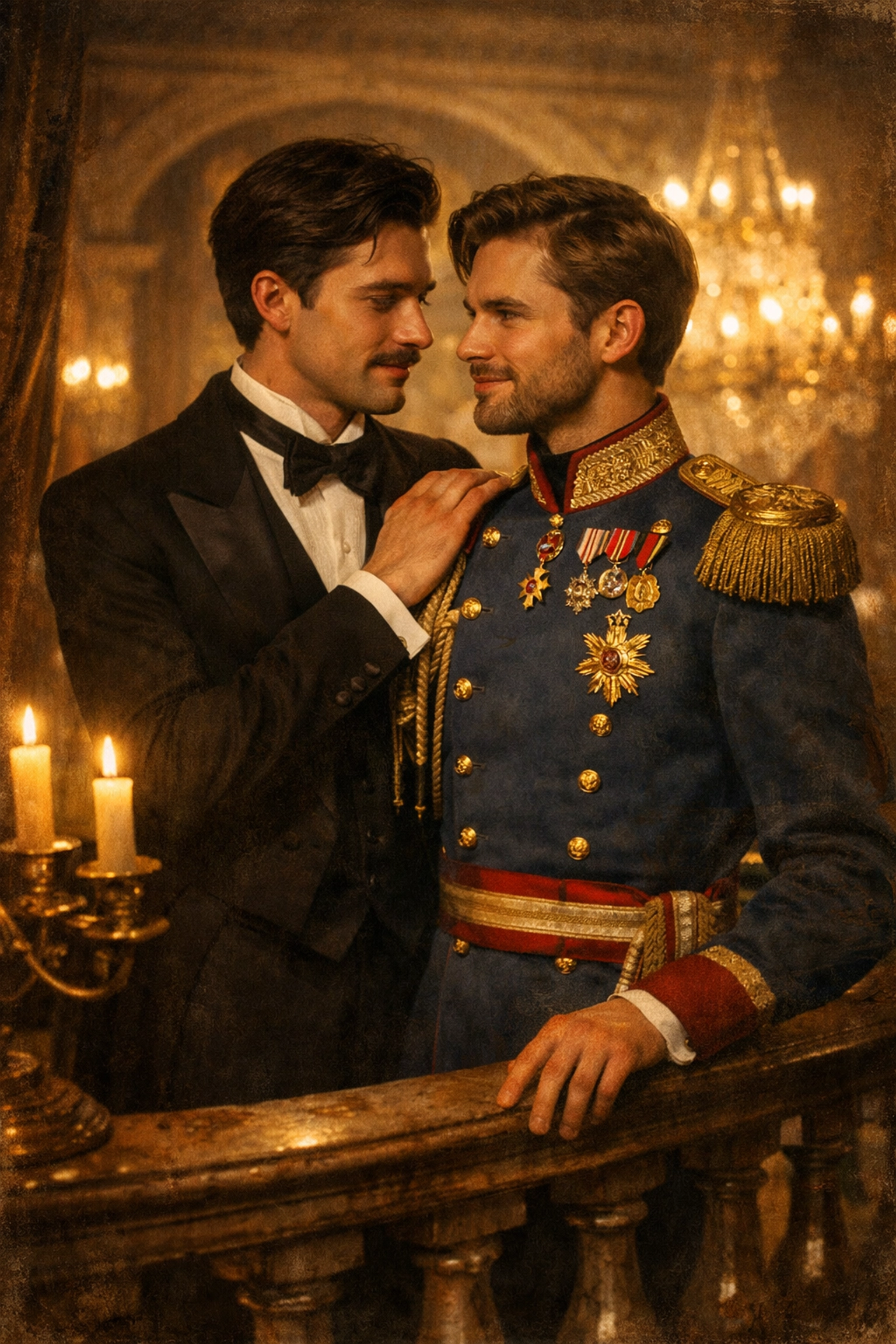 Two men in historical Viennese attire sharing a romantic moment on a balcony during an imperial soirée.