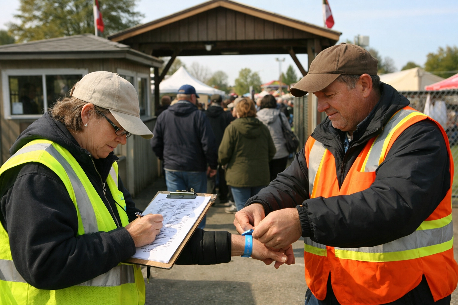 Volunteer at a Canadian fair gate checking names off a clipboard list while another volunteer hands out wristbands