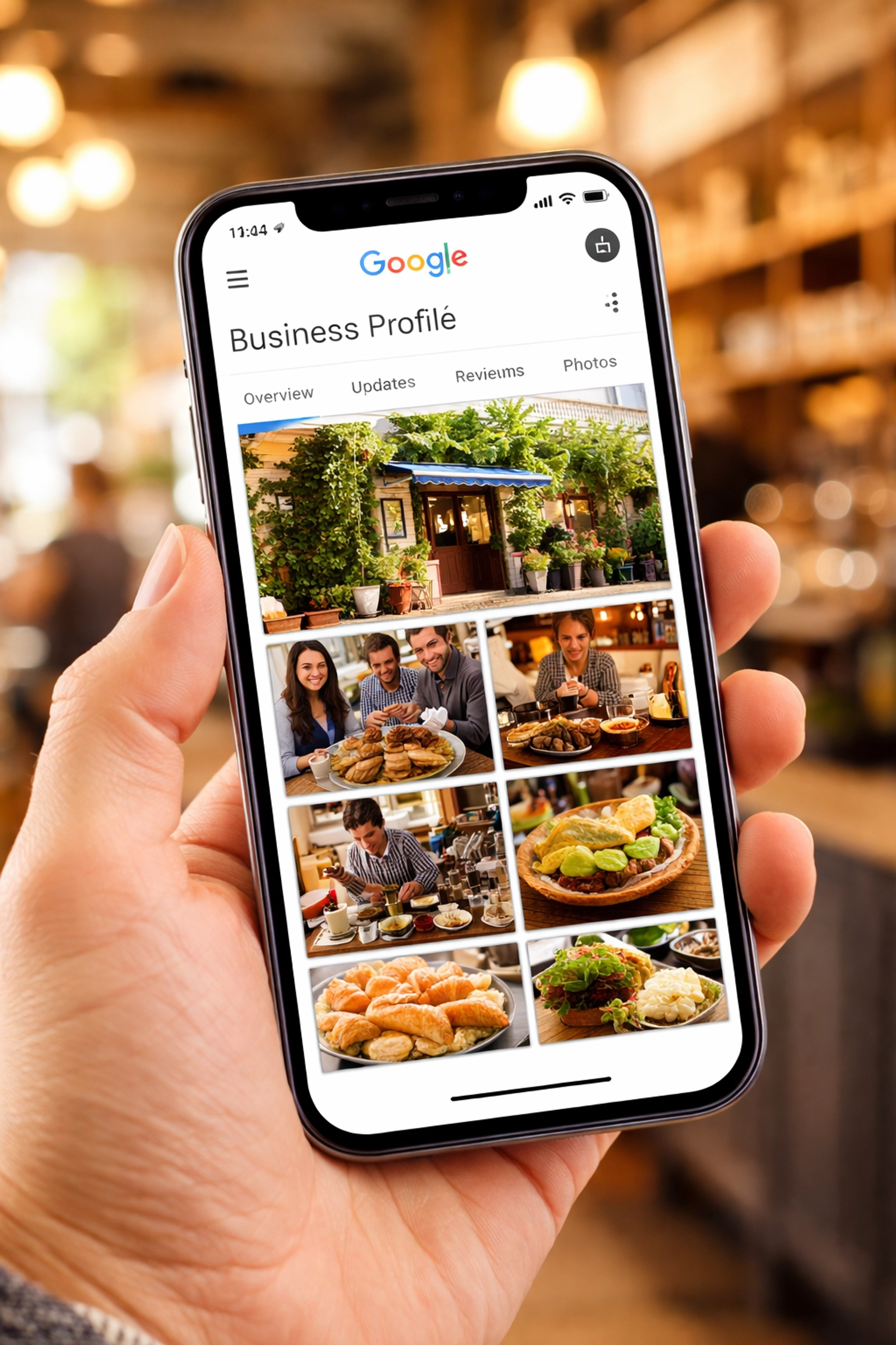 Smartphone displaying a small business Google Profile with quality photos of storefront, team, and products for better visibility.