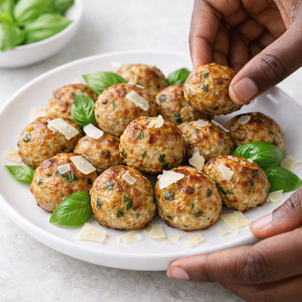 Golden-brown turkey meatballs with fresh basil and Parmesan on a white plate, plated by African American hands