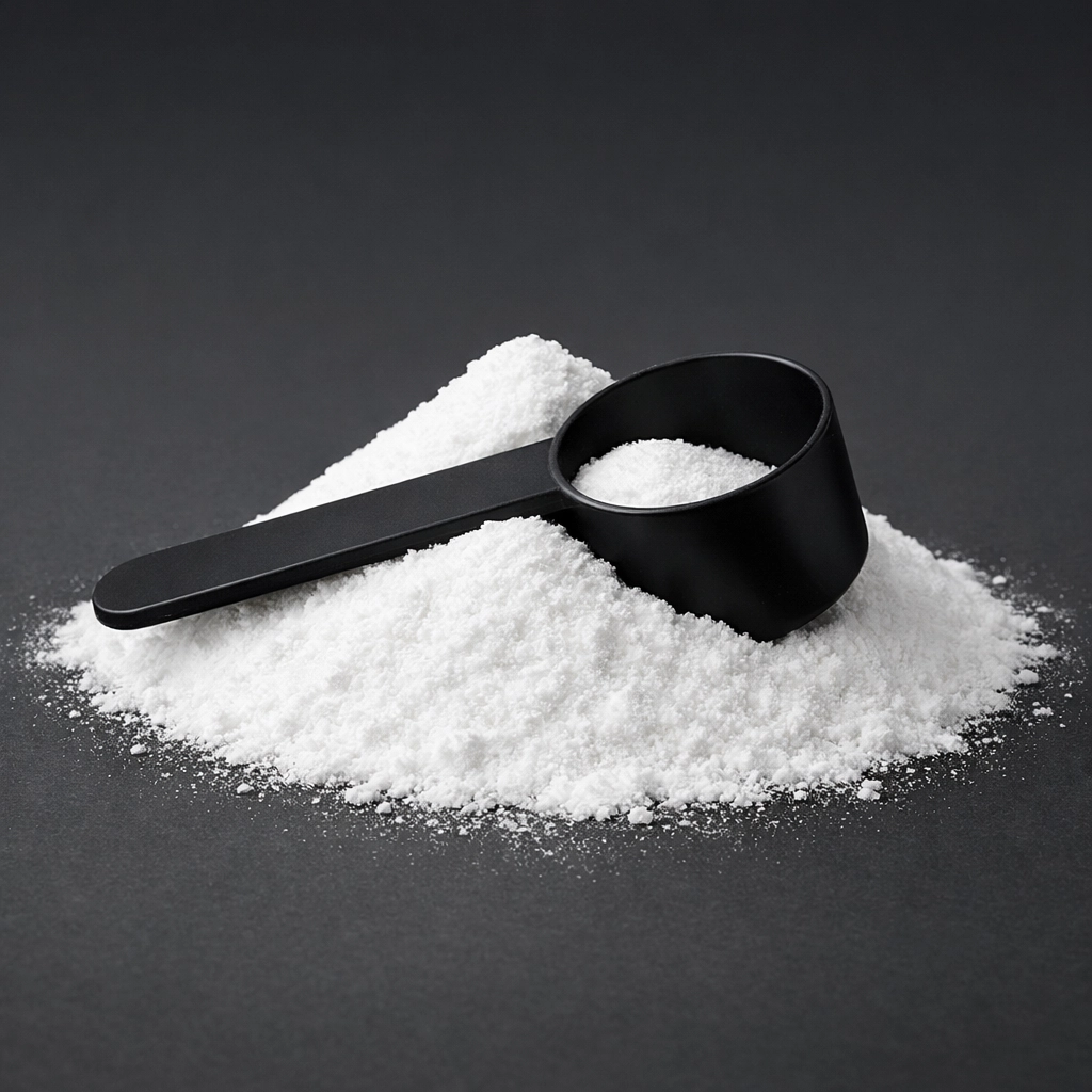 White creatine monohydrate powder with a black scoop to support muscle mass and physical fitness.
