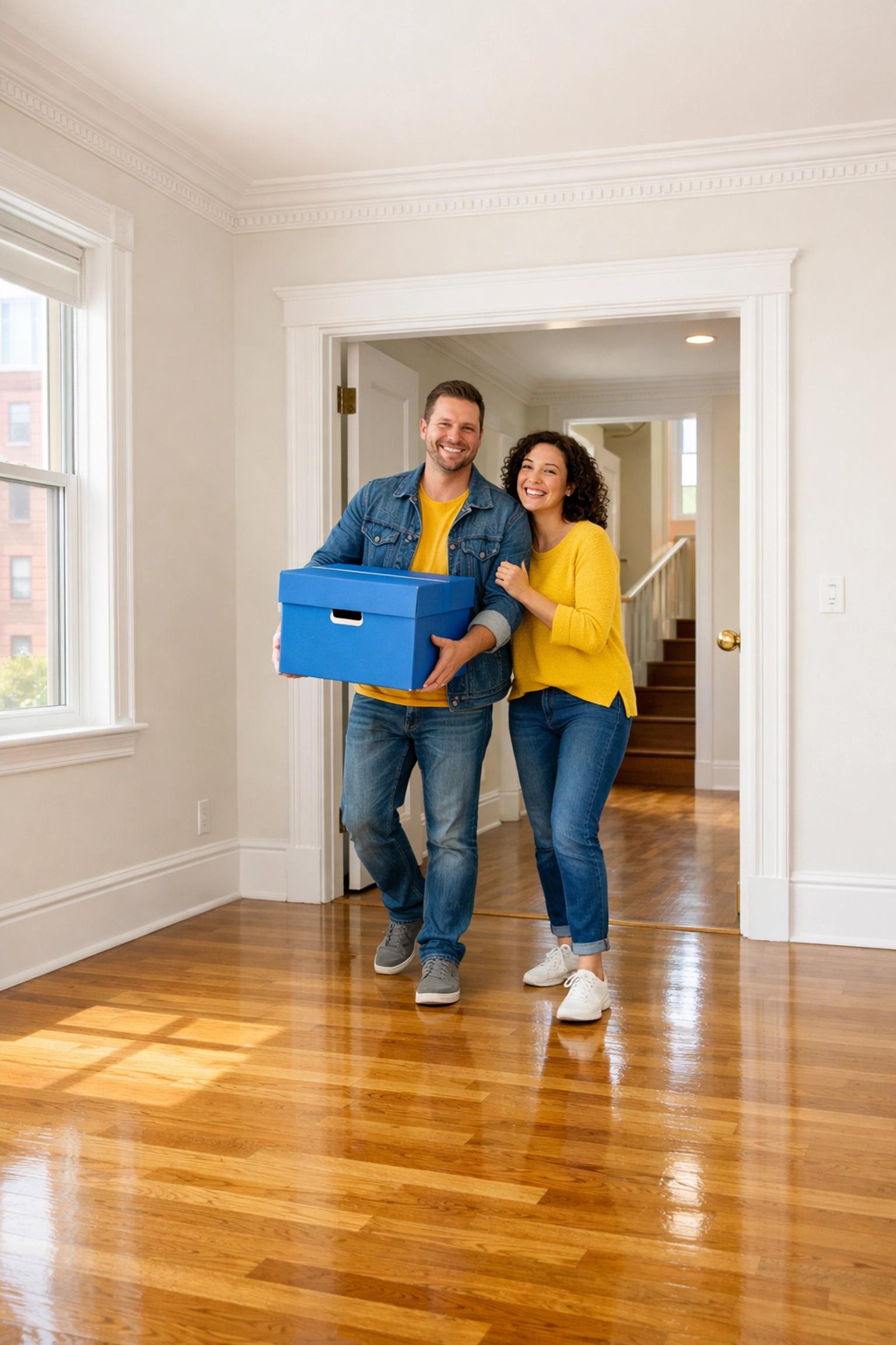 Happy couple entering a clean, sunlit Boston apartment prepared by a professional move-in cleaning service.