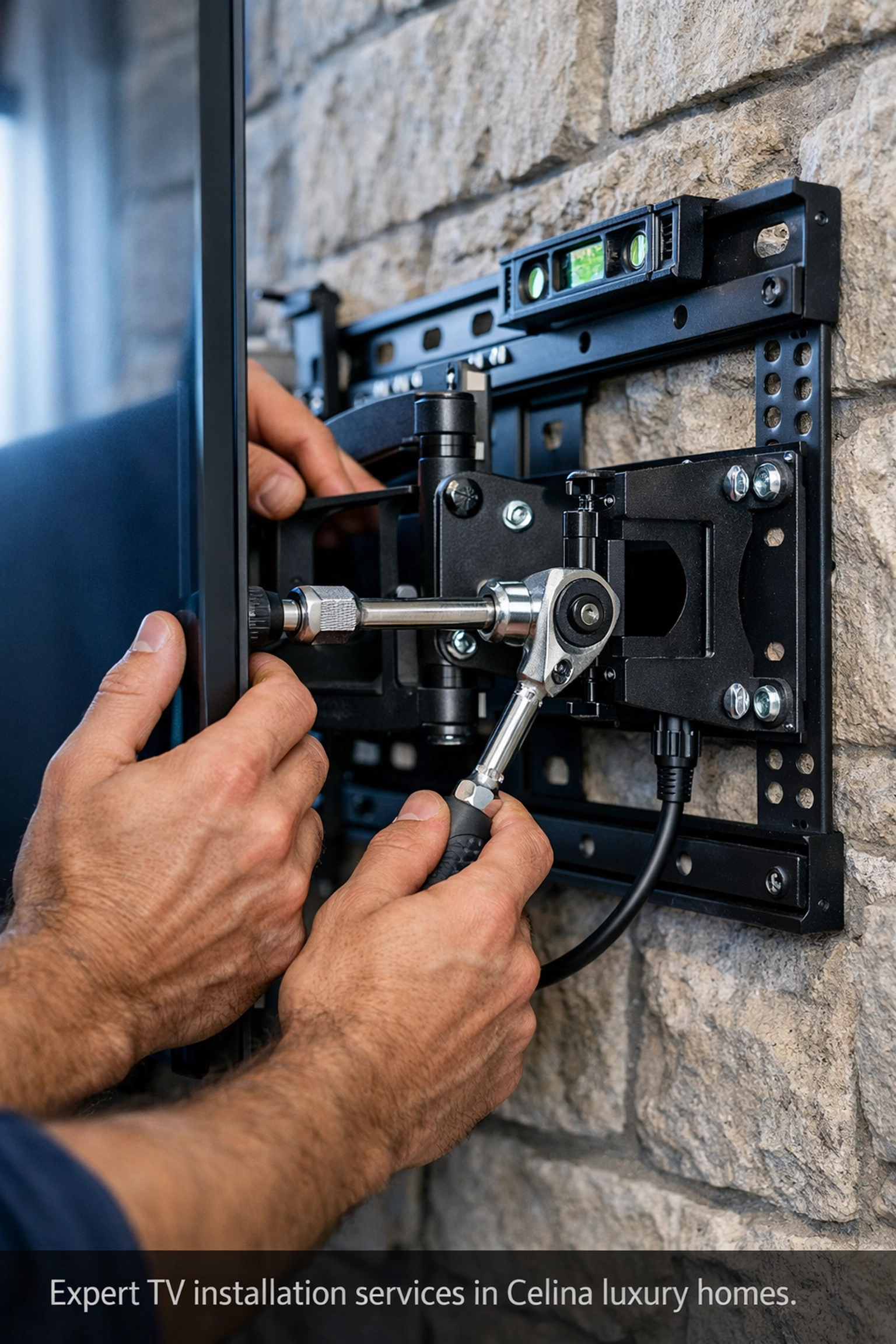 Professional technician installing flat-screen TV on stone wall in Celina home