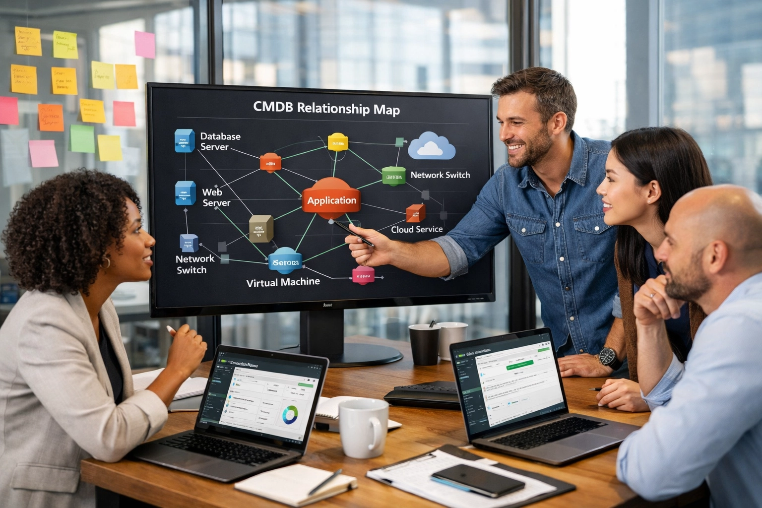IT team collaborating on ServiceNow ITOM CMDB configuration and relationship mapping strategy
