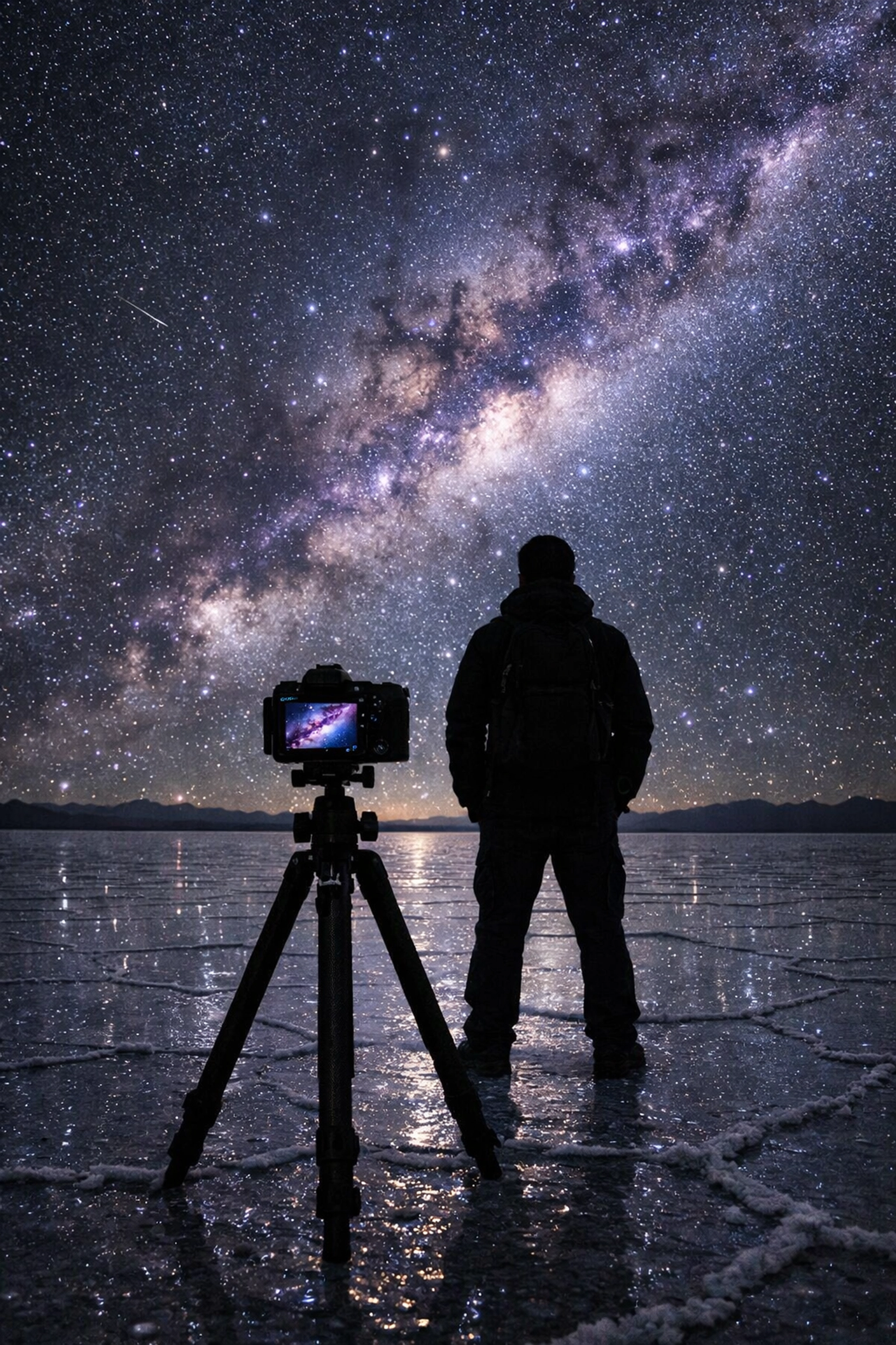 Night photography with a mirrorless camera capturing a long exposure of the Milky Way galaxy.