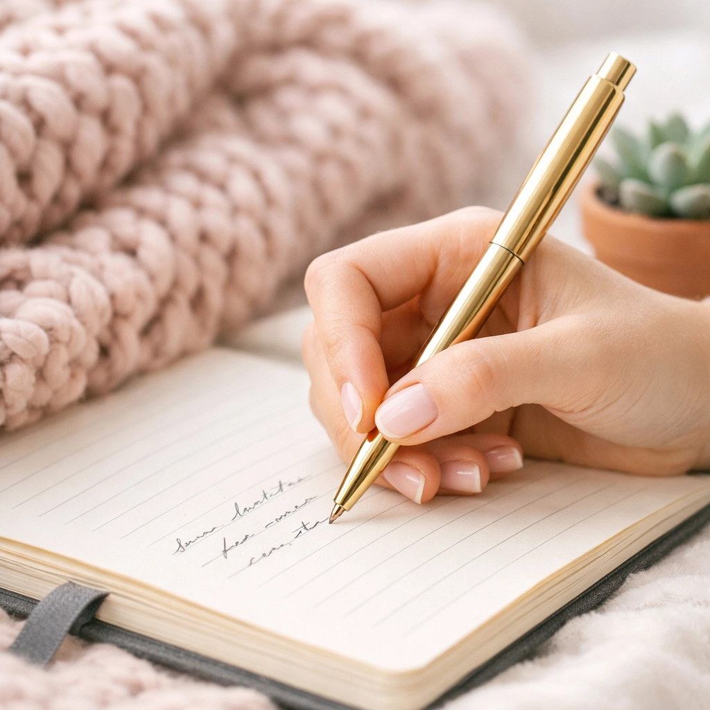 Close-up of a person writing in a gratitude journal printable for mental clarity and wellness.