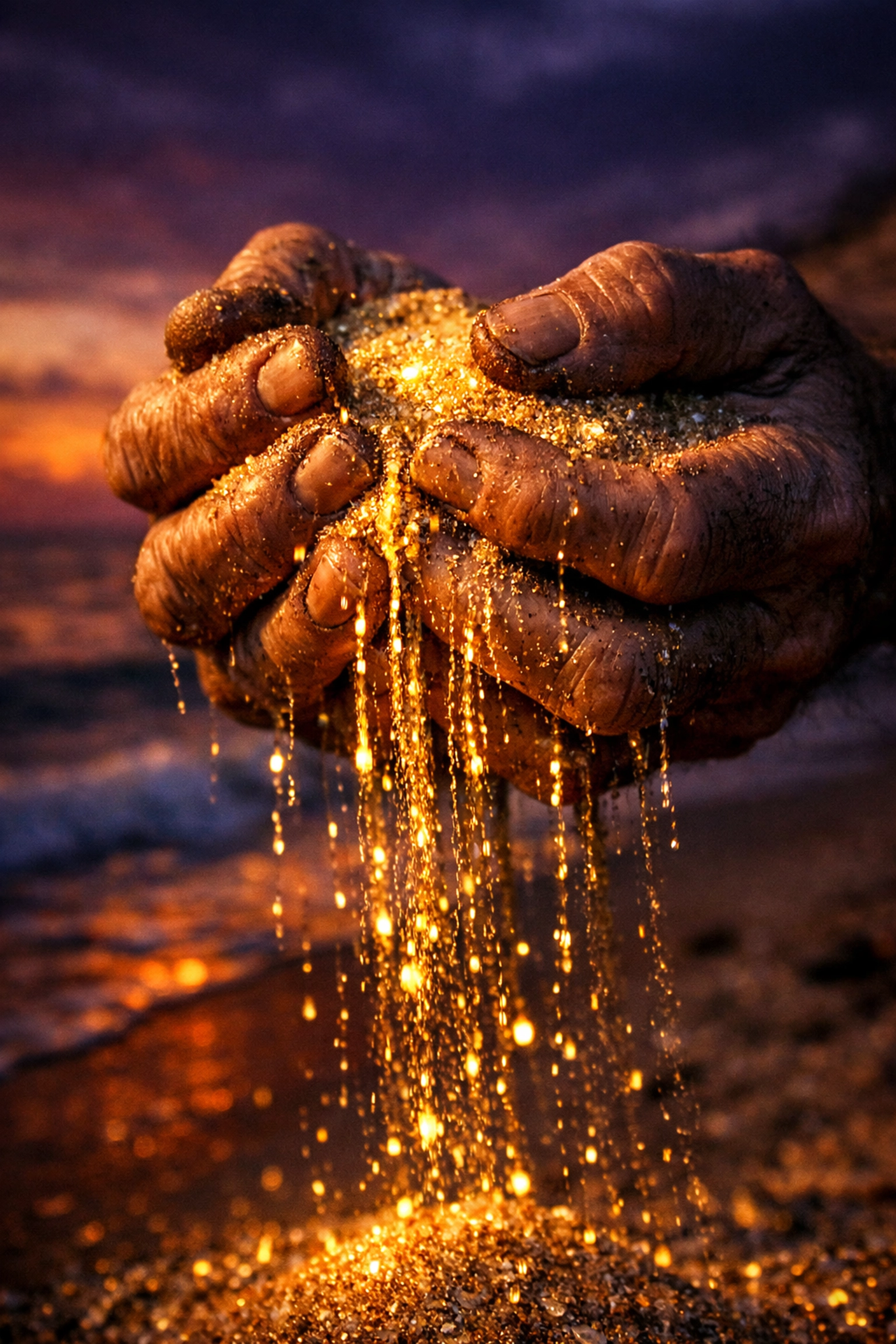 Hands holding sand that slips through fingers at sunset, illustrating the fear of loss in an abandonment wound.