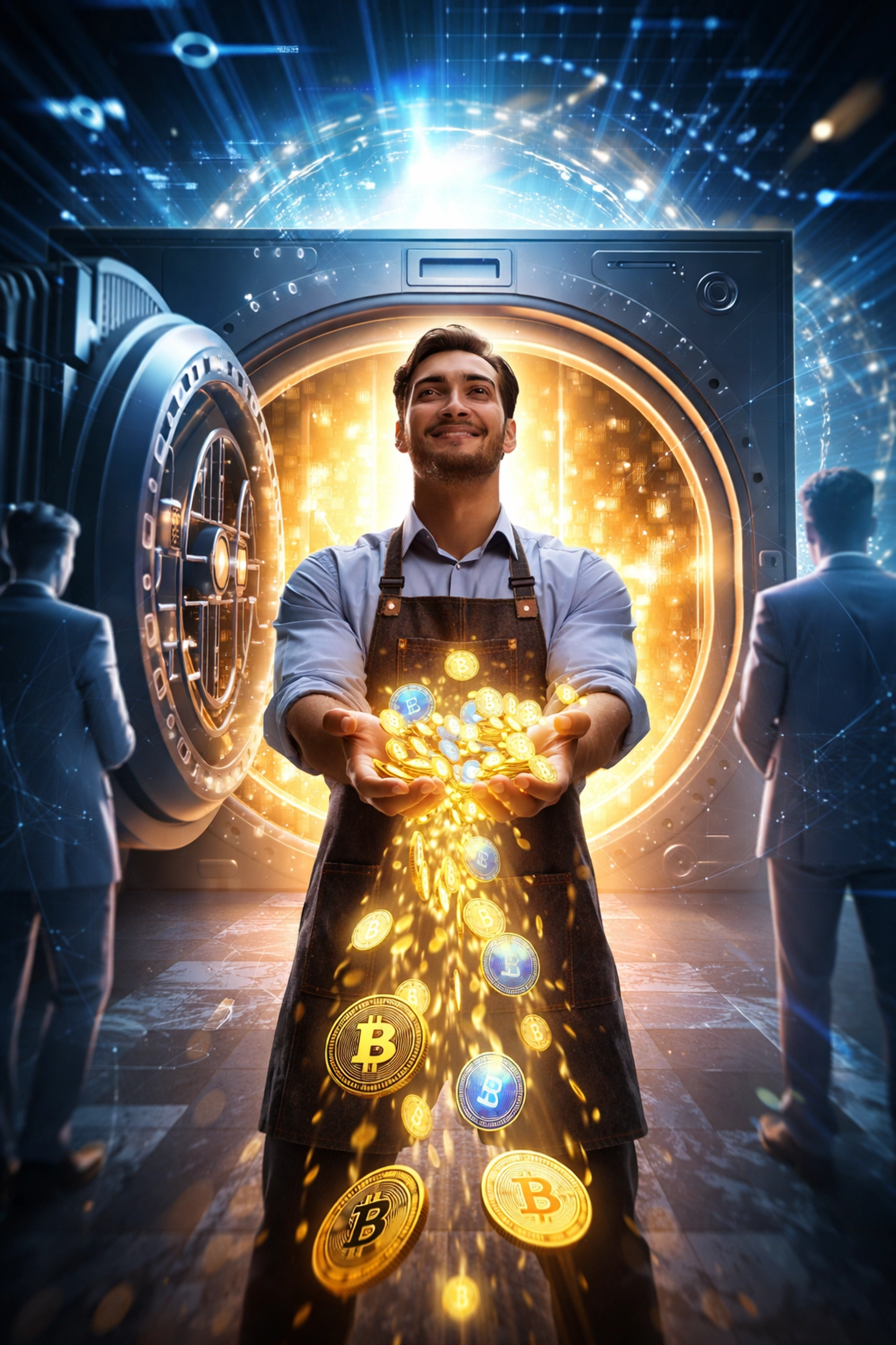 Small business owner receiving cryptocurrency directly, symbolizing self-custody and reduced merchant fees with Web3 payments.