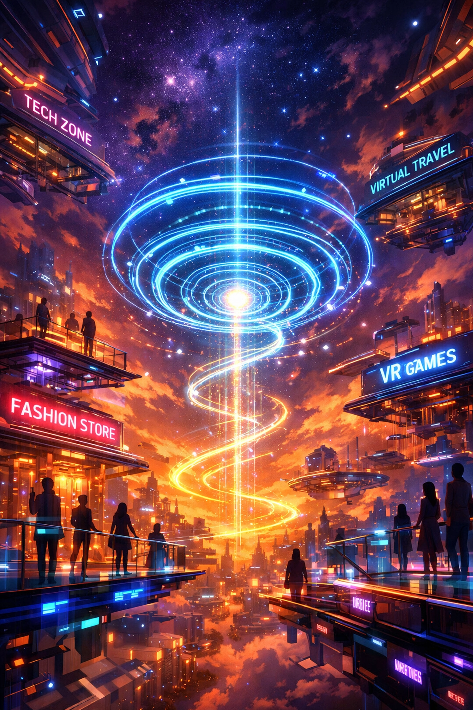 Futuristic Metaverse shopping district with AI navigation for global Web3 payment transactions.