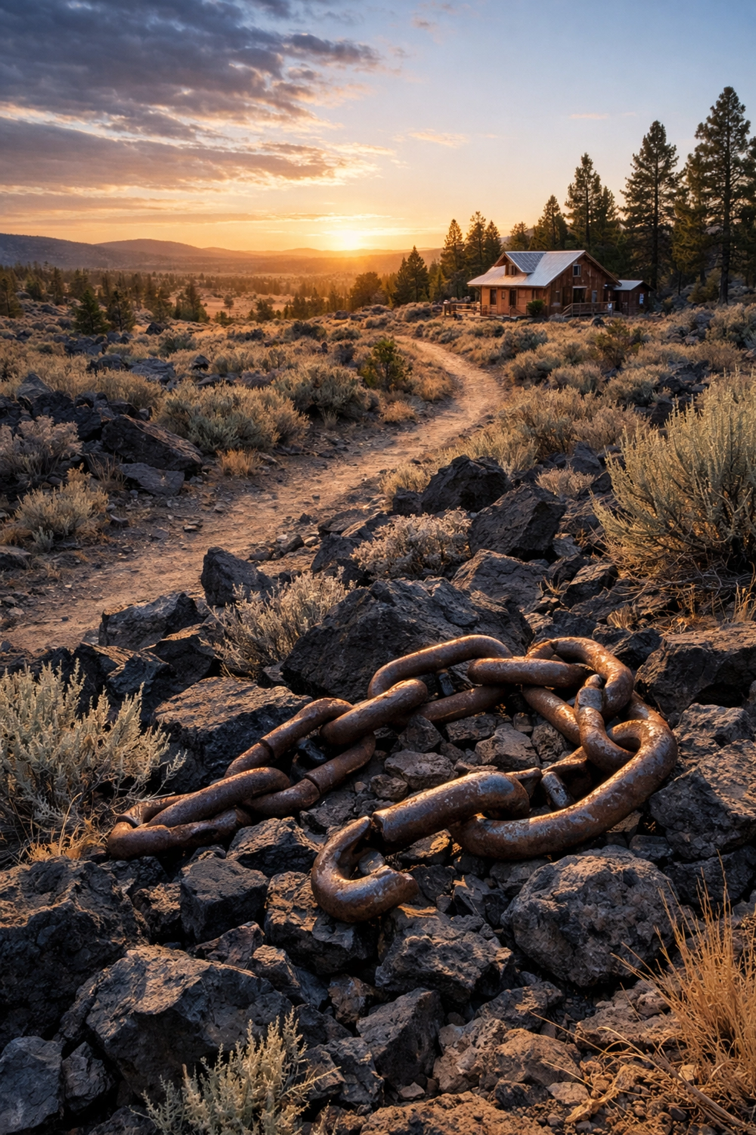 Broken chains on lava rocks leading toward an off-grid cabin for sustainable living and total autonomy.