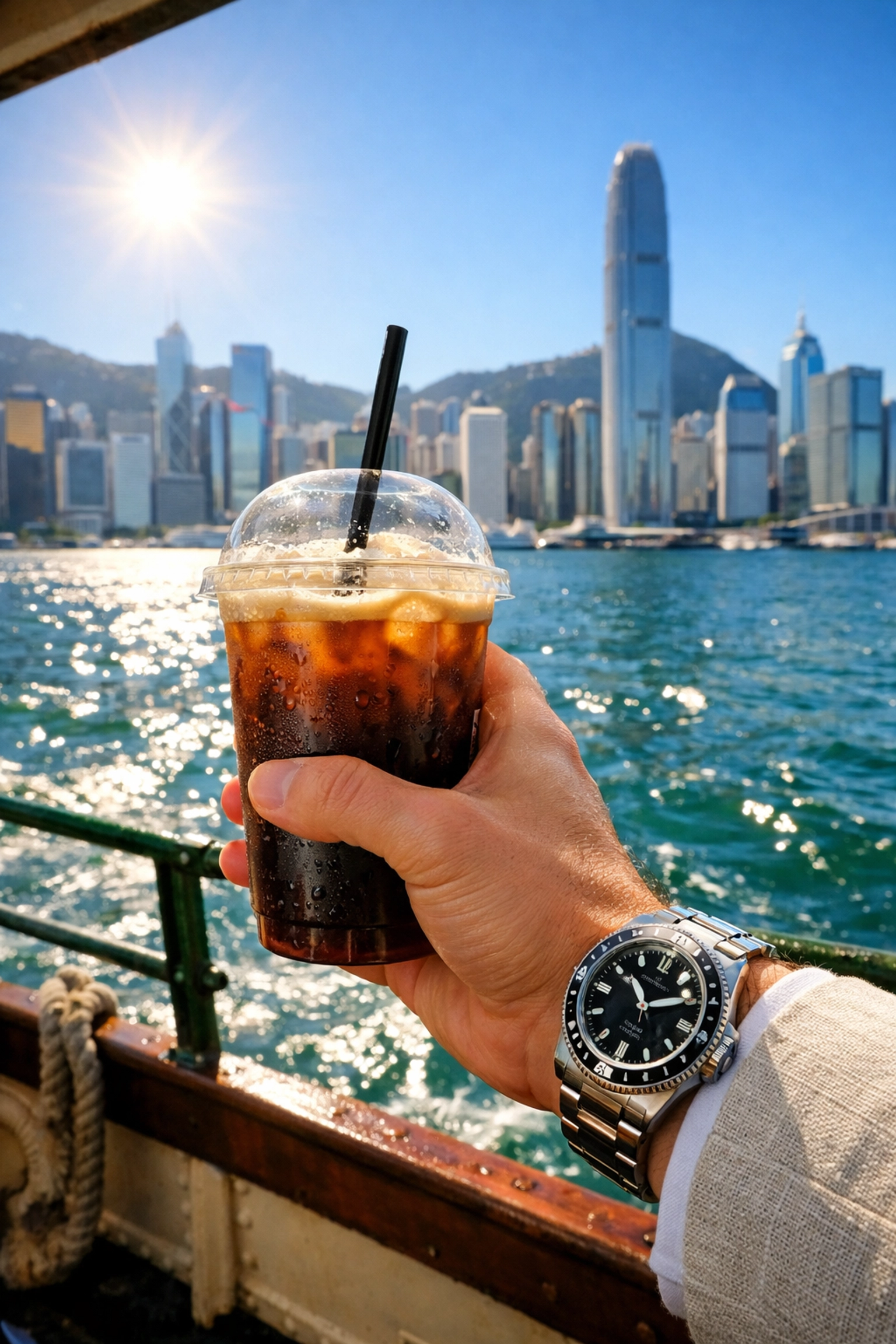 Professional adjusting to Hong Kong time zone with coffee and a watch on the Star Ferry at sunrise.