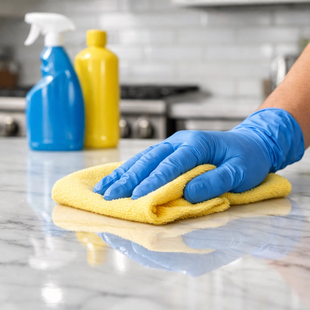 A professional cleaner polishing a marble countertop during a house cleaning Worcester MA session.