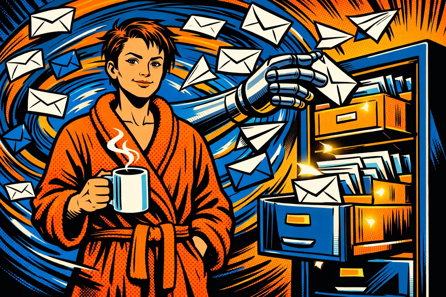 Comic style art of AI business automation sorting emails and leads while the owner enjoys coffee.