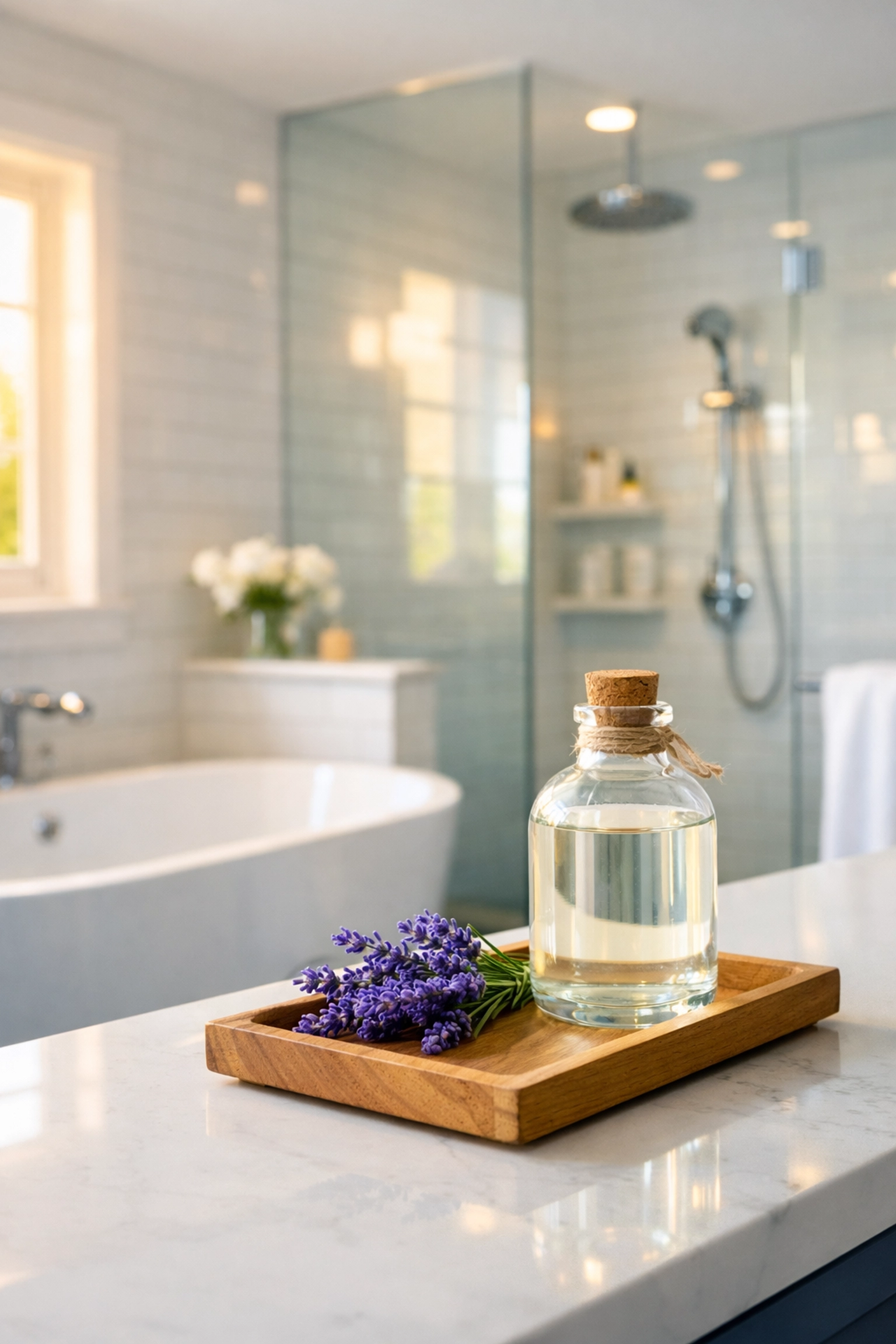 Eco-friendly house cleaning Lowell MA for a spa-like bathroom with white tiles and lavender scents.
