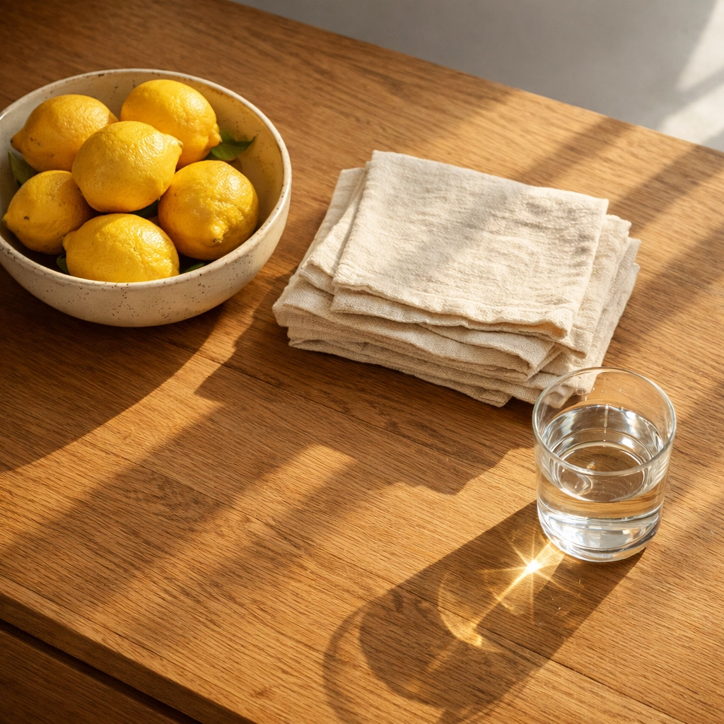 A serene minimalist kitchen counter with fresh lemons and water, symbolizing postpartum structure and groundedness.