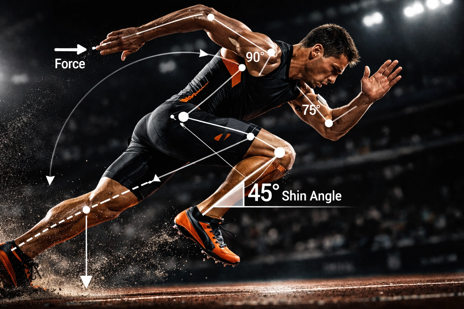 Sprinter with biomechanical overlay showing force vectors and stride mechanics during acceleration phase