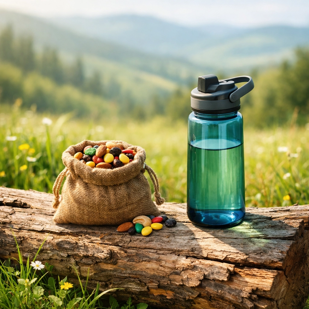 Trail mix and water bottle on a log in a meadow, prepping for a wild camping guided UK trek.