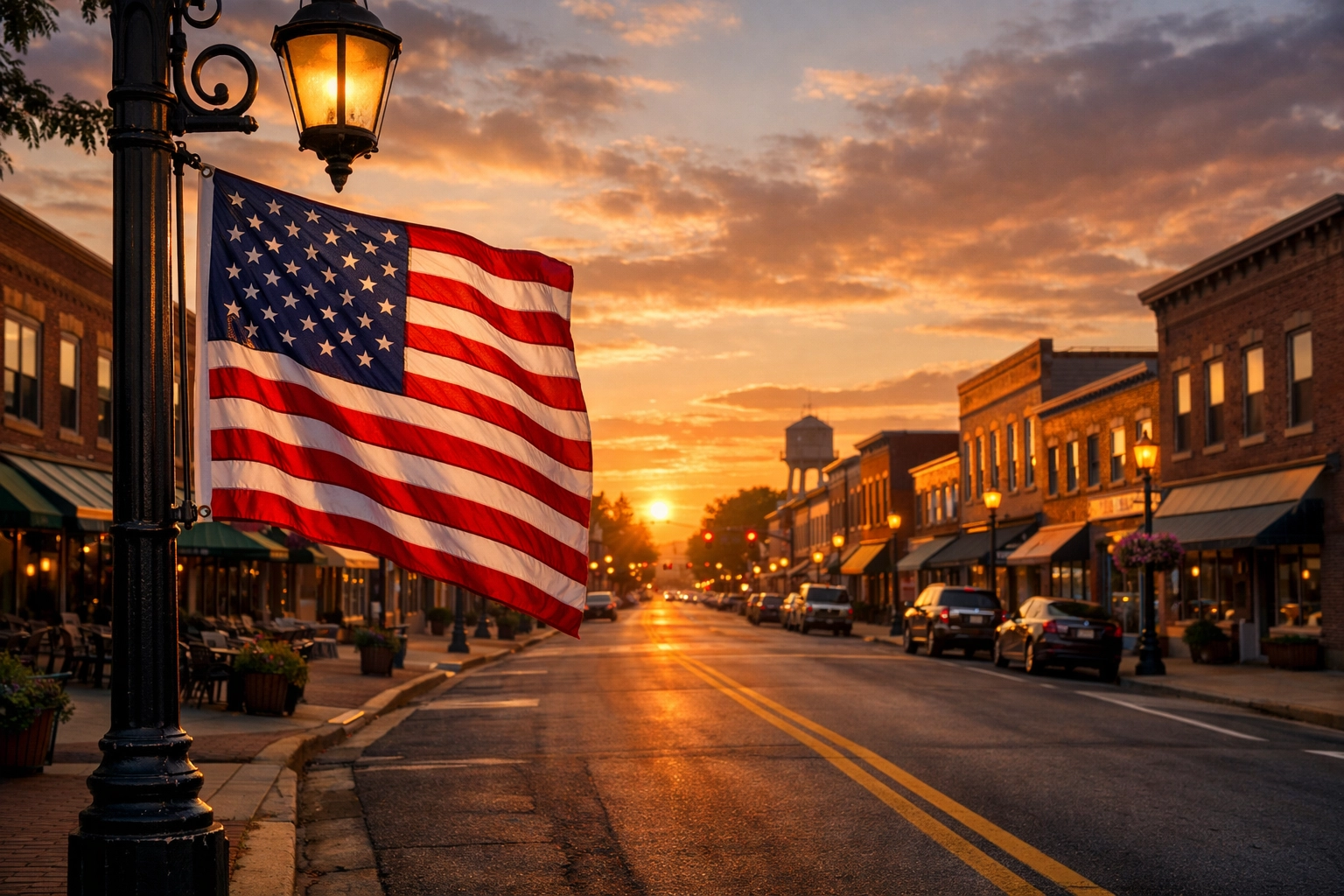 American flag on a small-town main street lamp post representing civic pride and patriotic values.