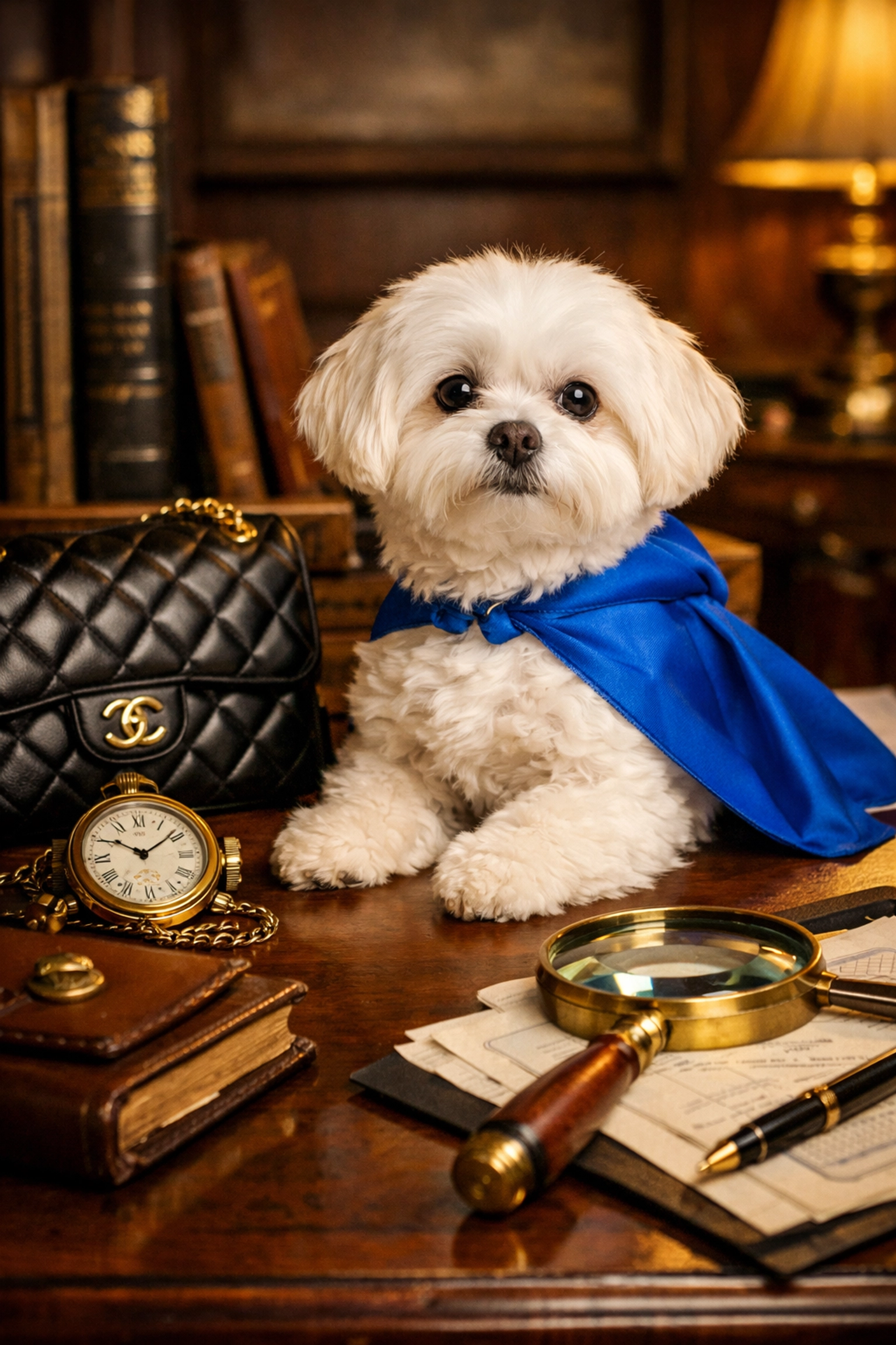 White Maltese dog Daisy verifying a luxury designer bag and vintage watch for authenticity.