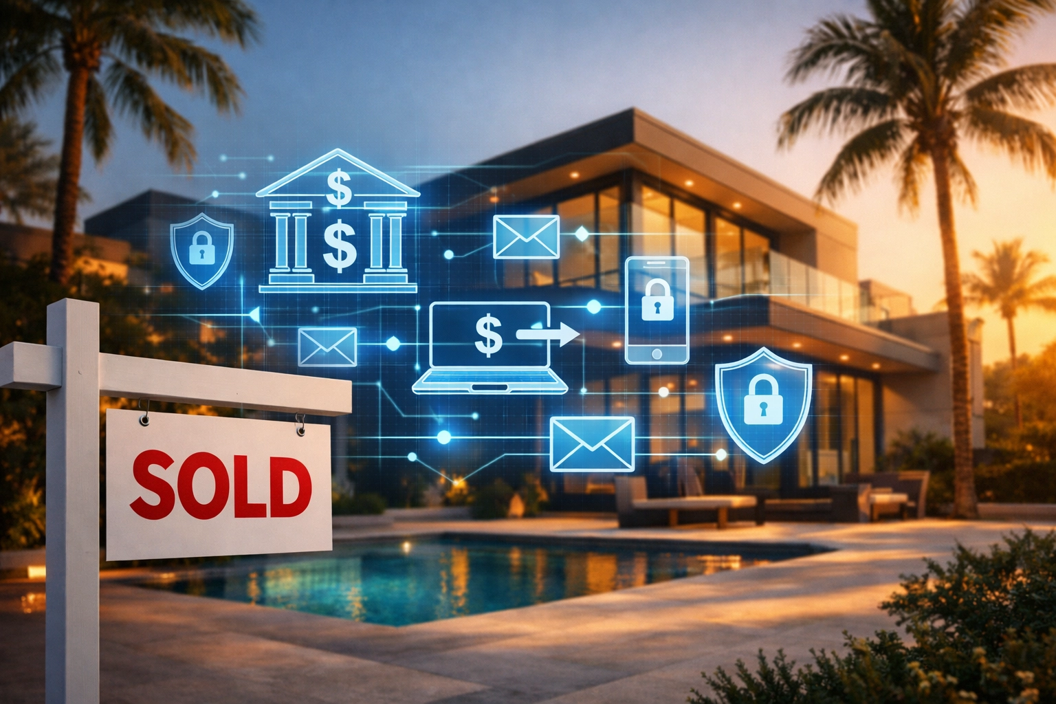 Florida property with sold sign and digital wire fraud security protection overlay