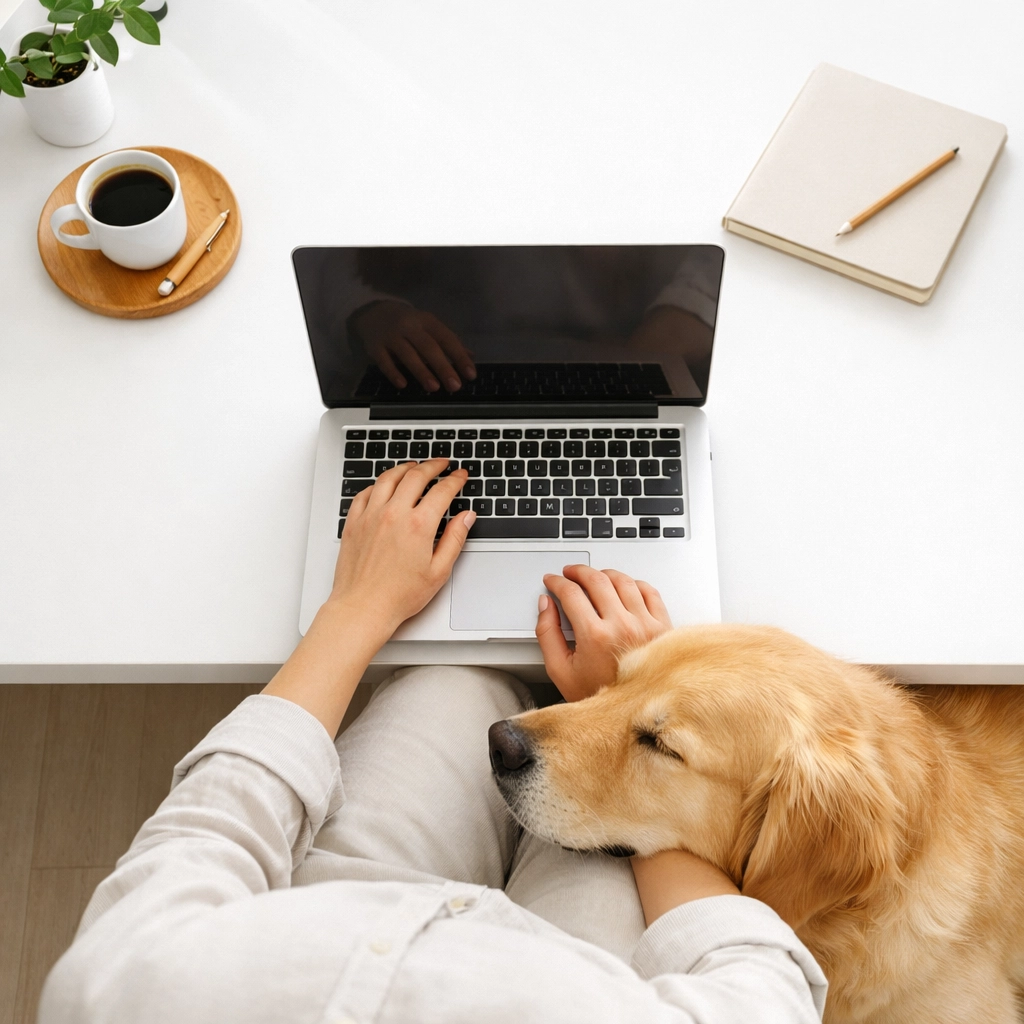 Employee working on a laptop with a Golden Retriever, illustrating pet parent benefits in the workplace.
