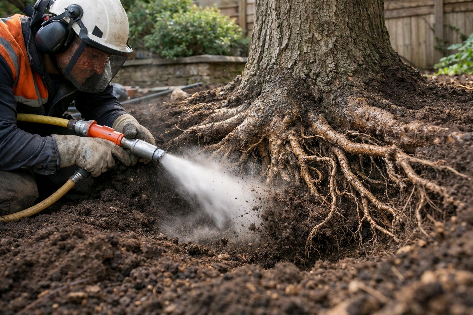 Tree surgeon using air-spading technique to carefully examine tree roots without causing damage