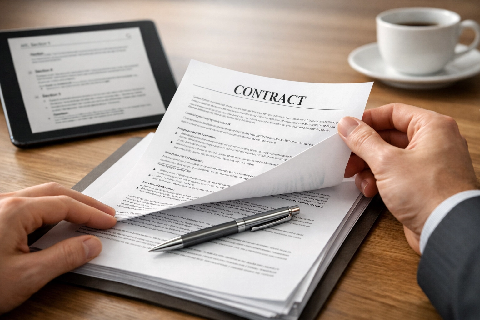 Tax professional reviewing service bureau agreement with detailed contract terms