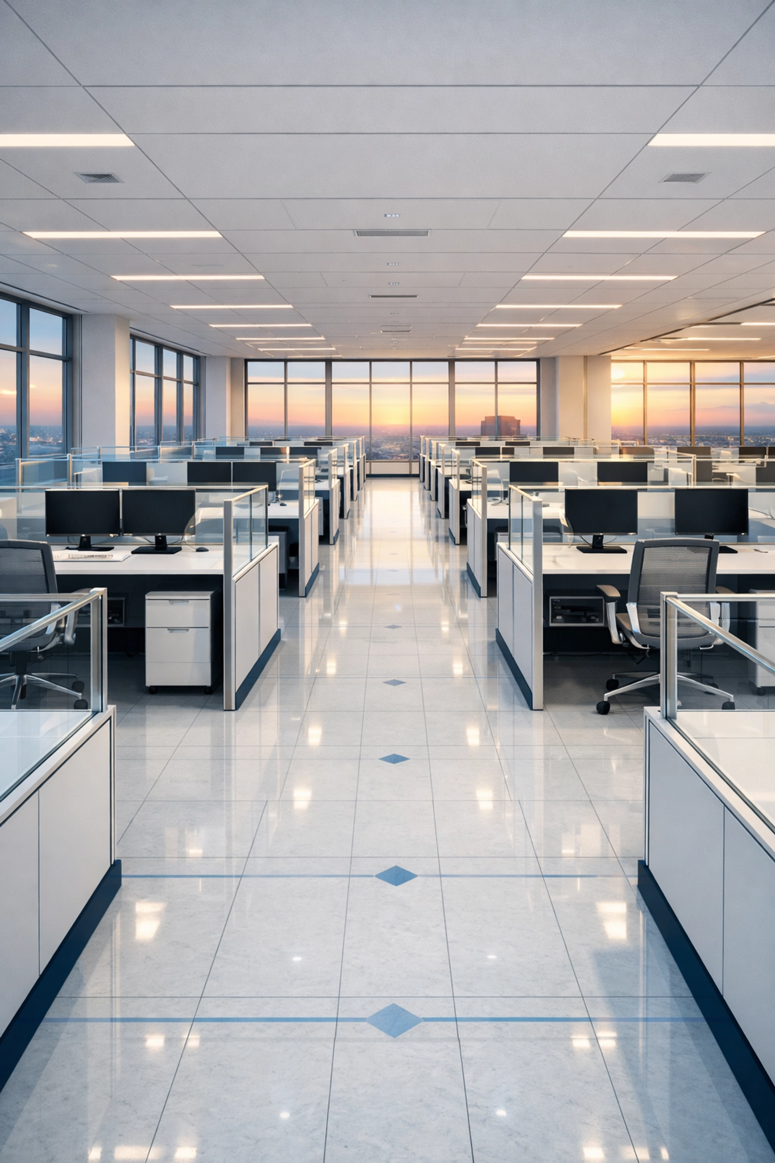 A perfectly clean and organized open-plan office space featuring spotless desks and polished floors.