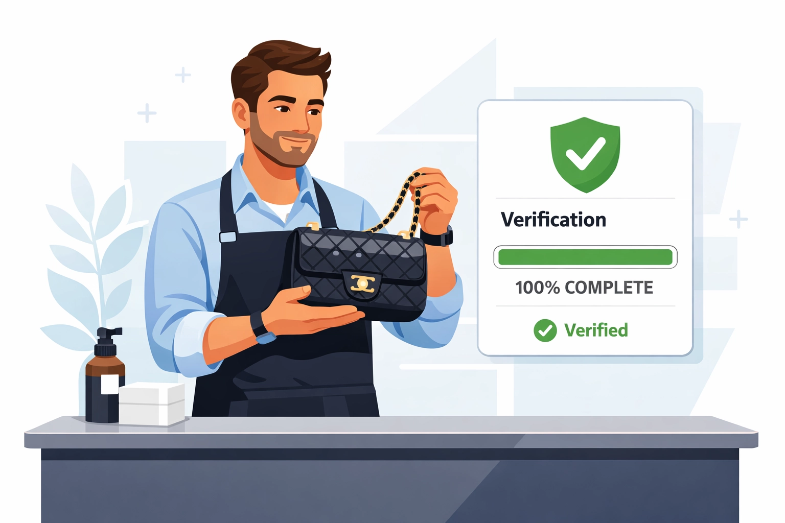 A resale store owner using an online authentication service to verify a luxury designer handbag.